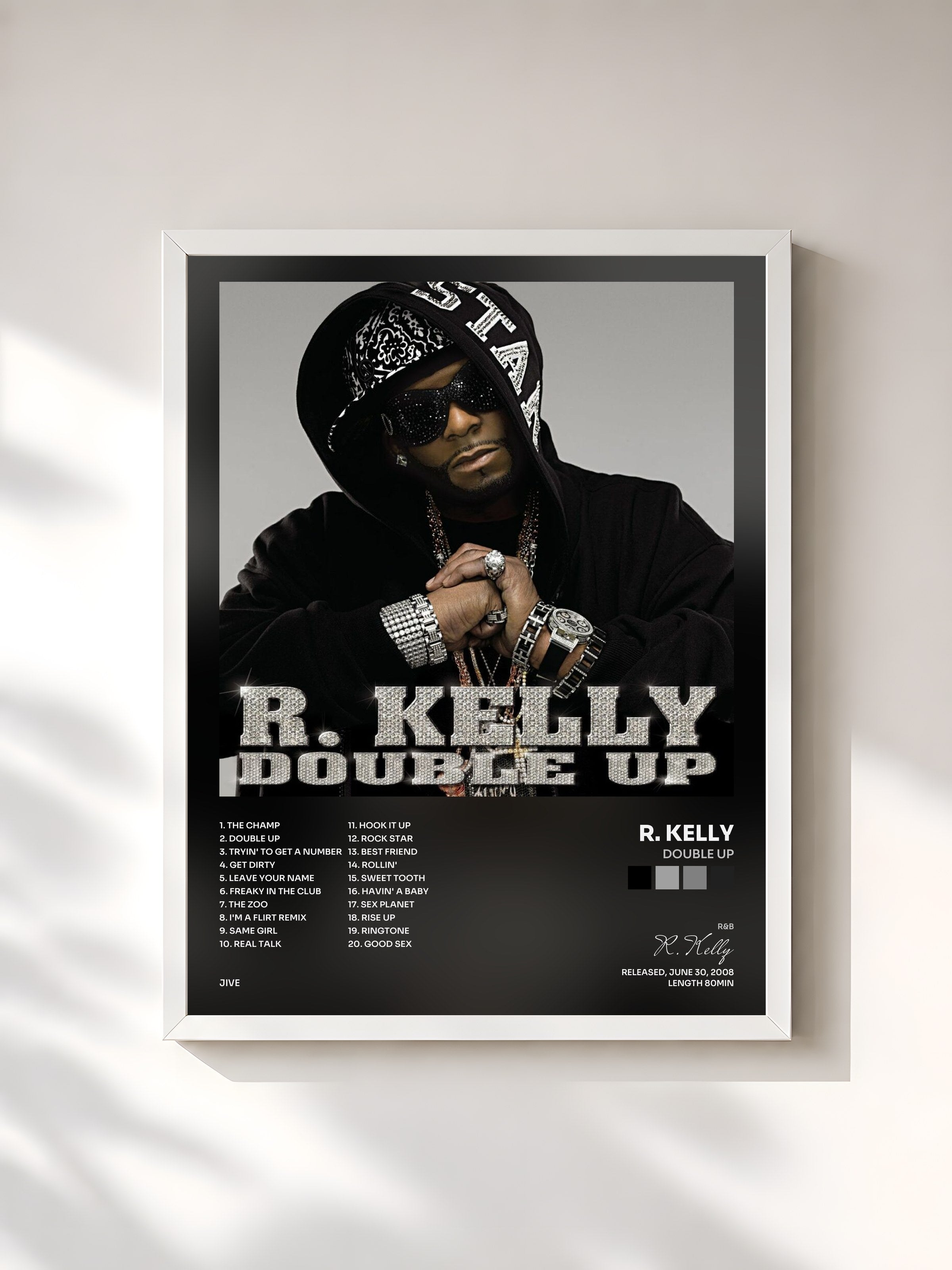 #blanc Tableau de l'album Double Up de R. Kelly, cadre blanc, imprimé et encadré en France