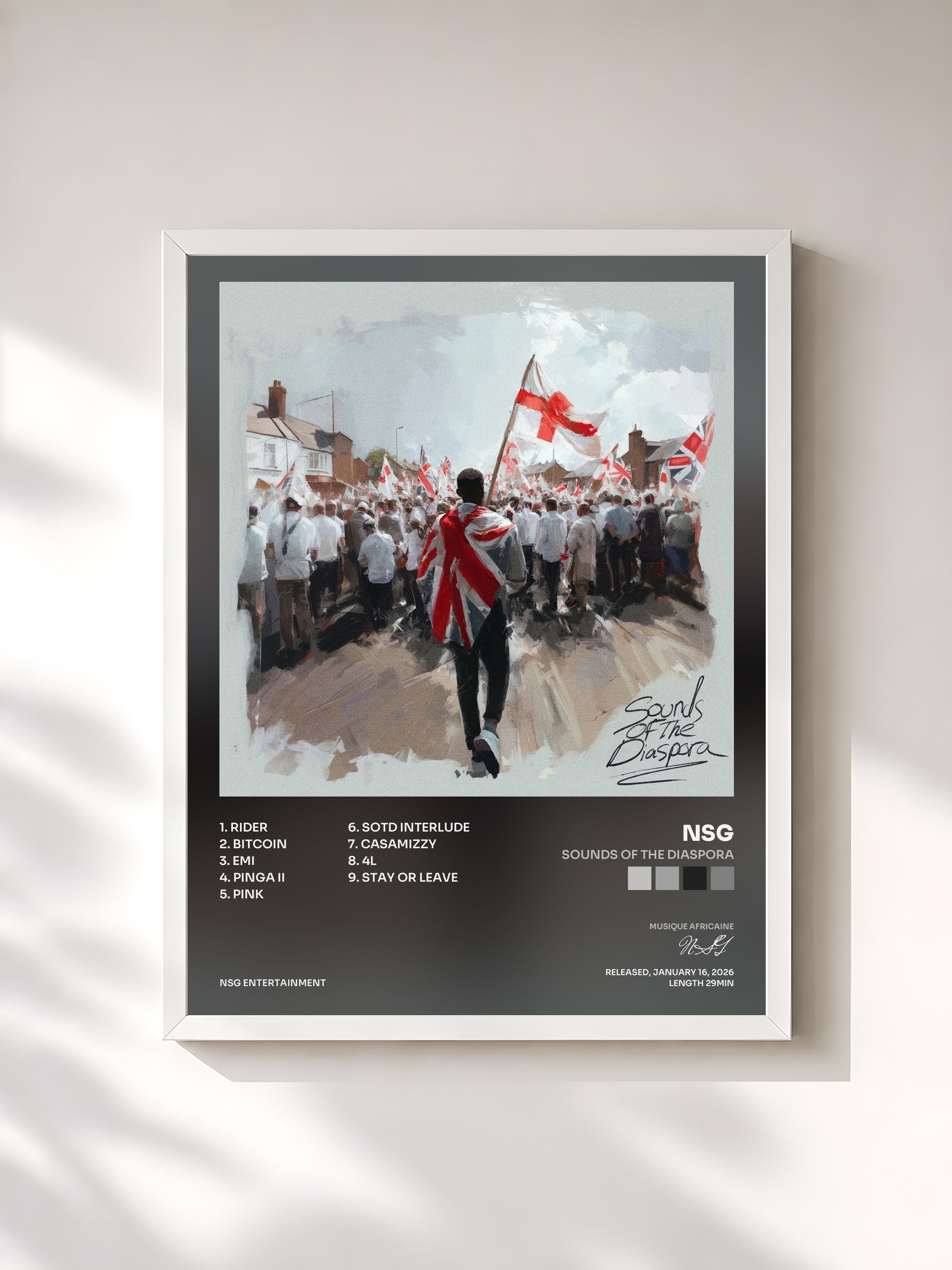 #blanc Tableau de l'album Sounds Of The Diaspora de NSG, cadre blanc, imprimé et encadré en France