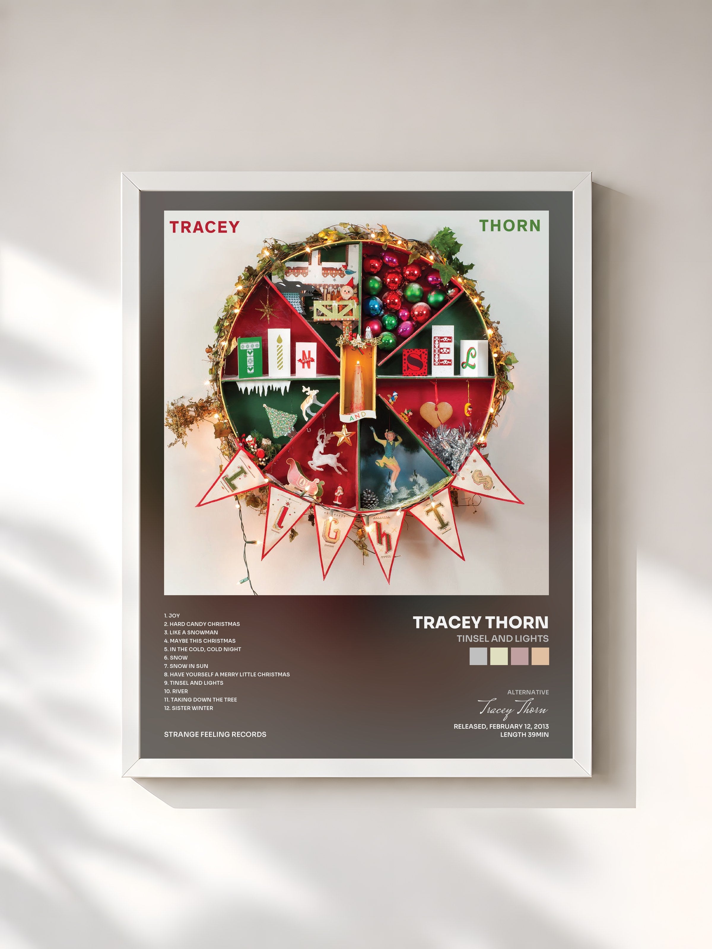 #blanc Tableau de l'album Tinsel and Lights de Tracey Thorn, cadre blanc, imprimé et encadré en France
