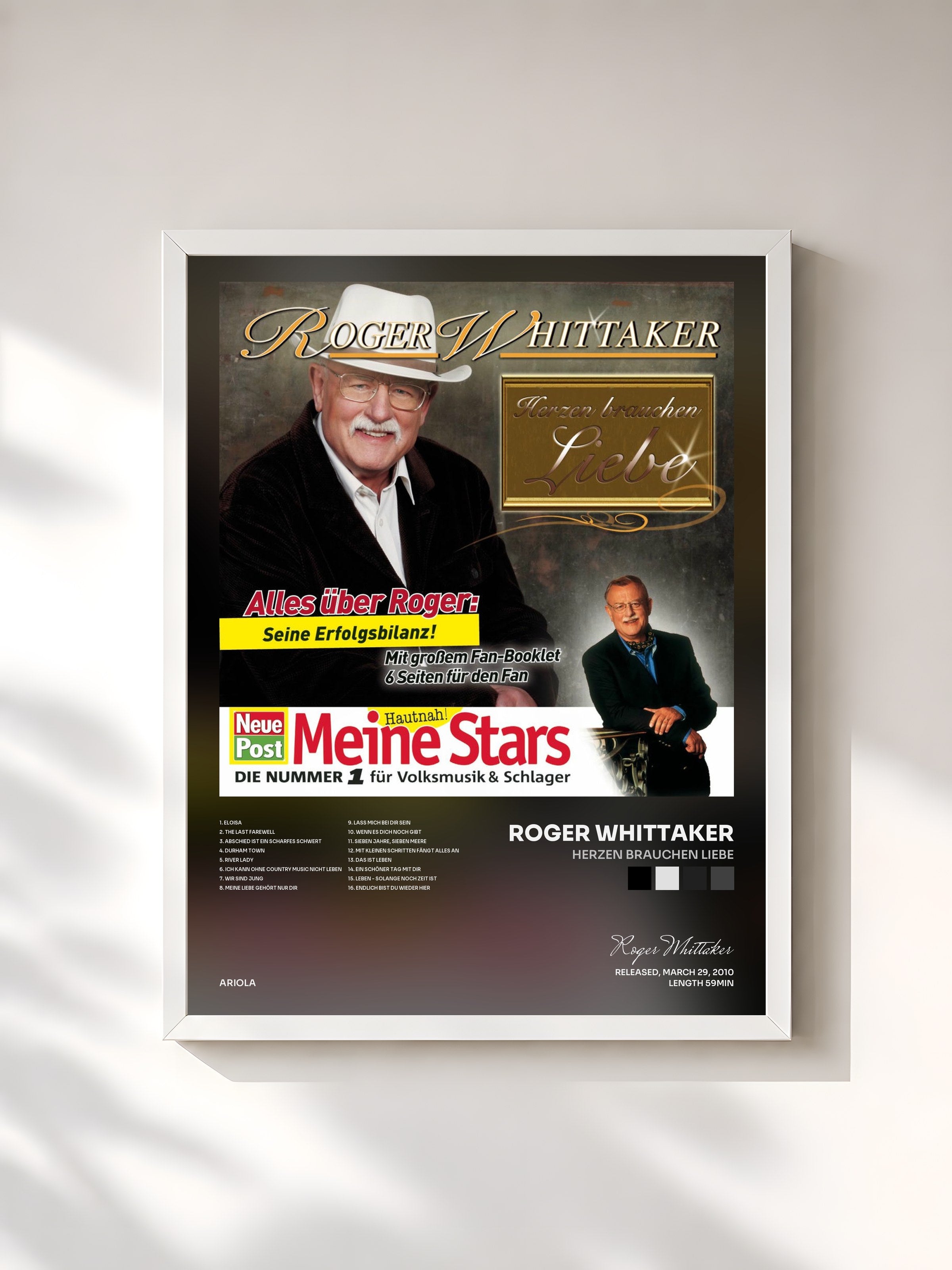 #blanc Tableau de l'album Herzen brauchen Liebe de Roger Whittaker, cadre blanc, imprimé et encadré en France