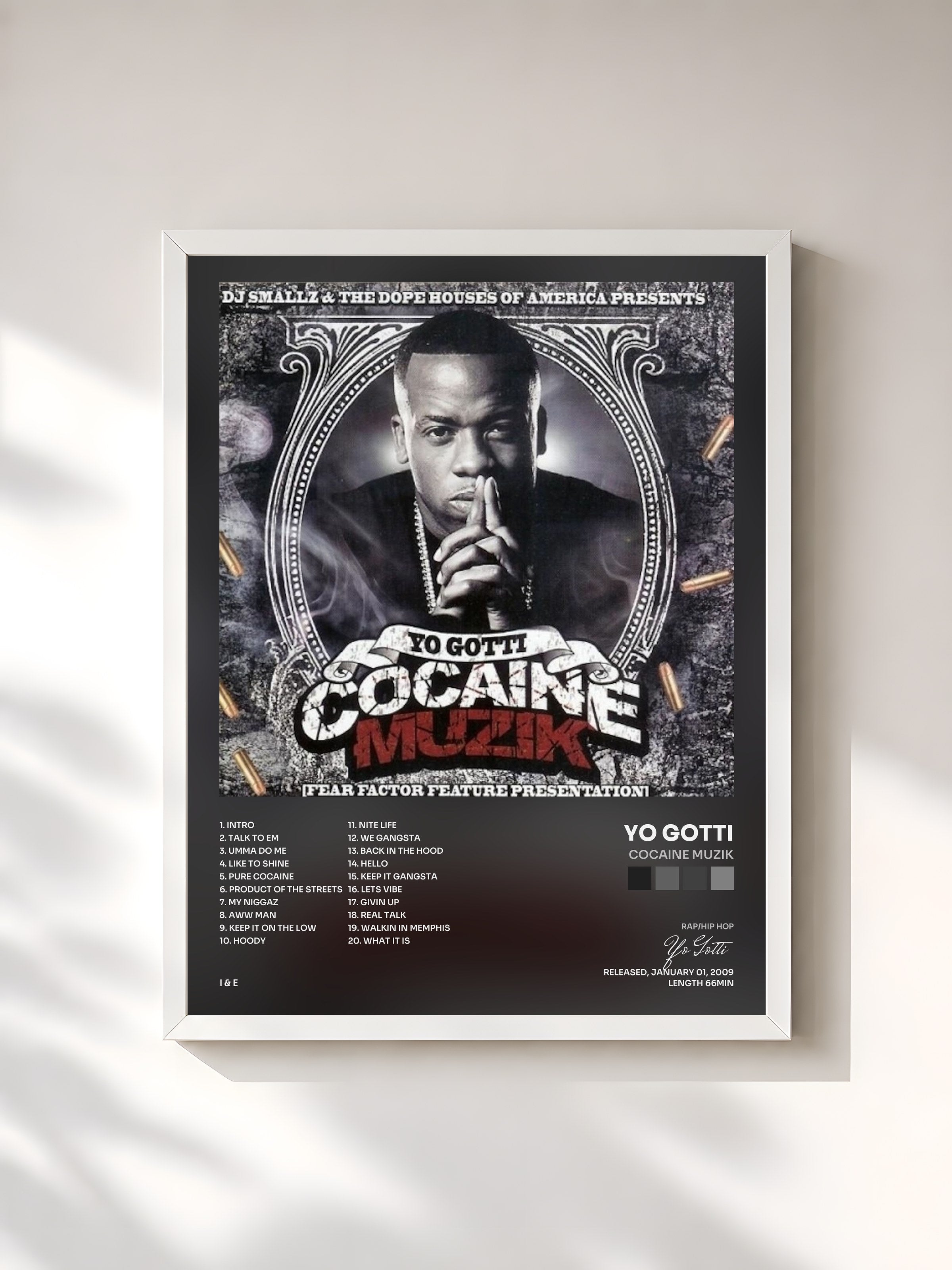 #blanc Tableau de l'album Cocaine Muzik de Yo Gotti, cadre blanc, imprimé et encadré en France