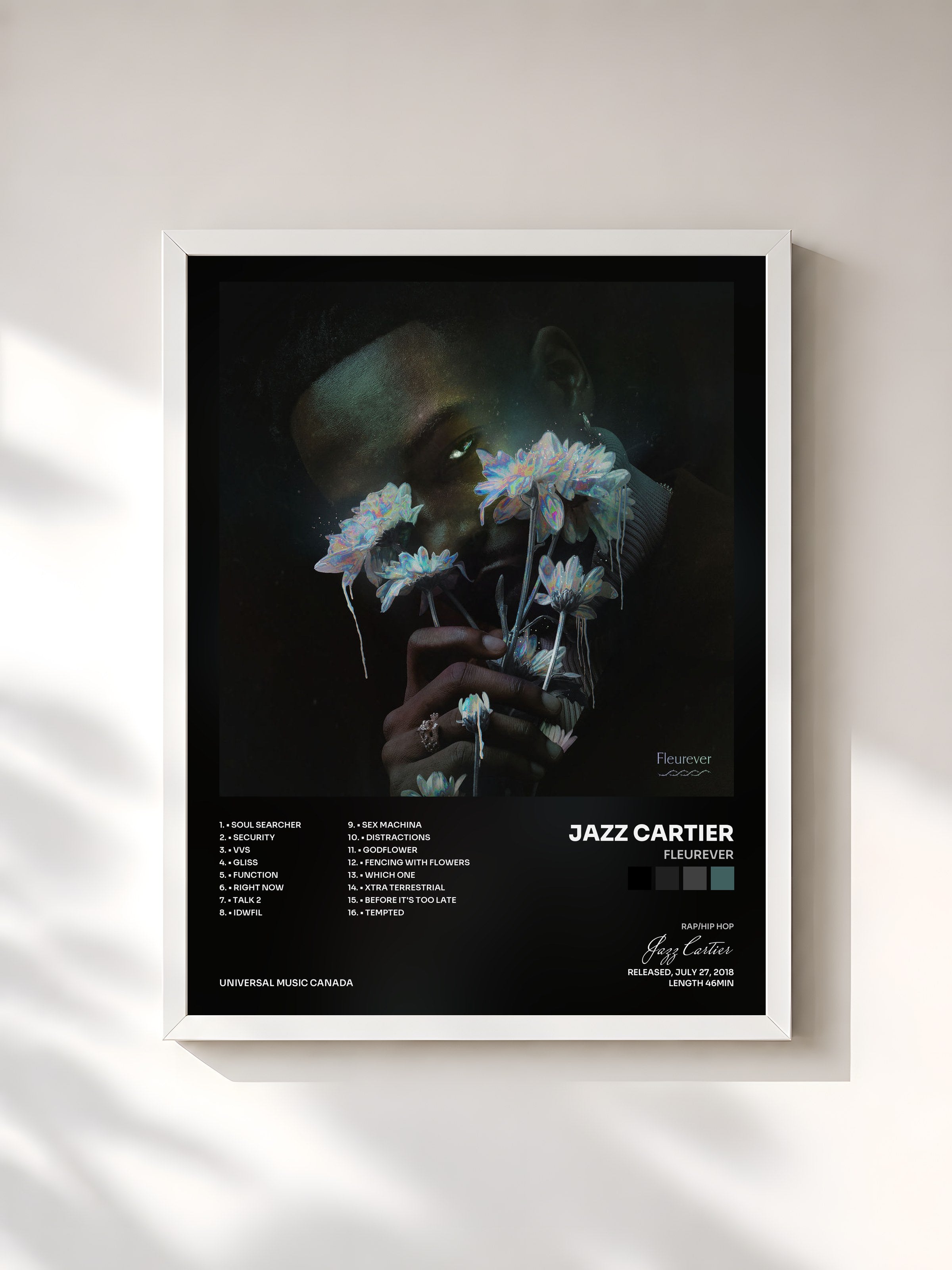 #blanc Tableau de l'album Fleurever de Jazz Cartier, cadre blanc, imprimé et encadré en France