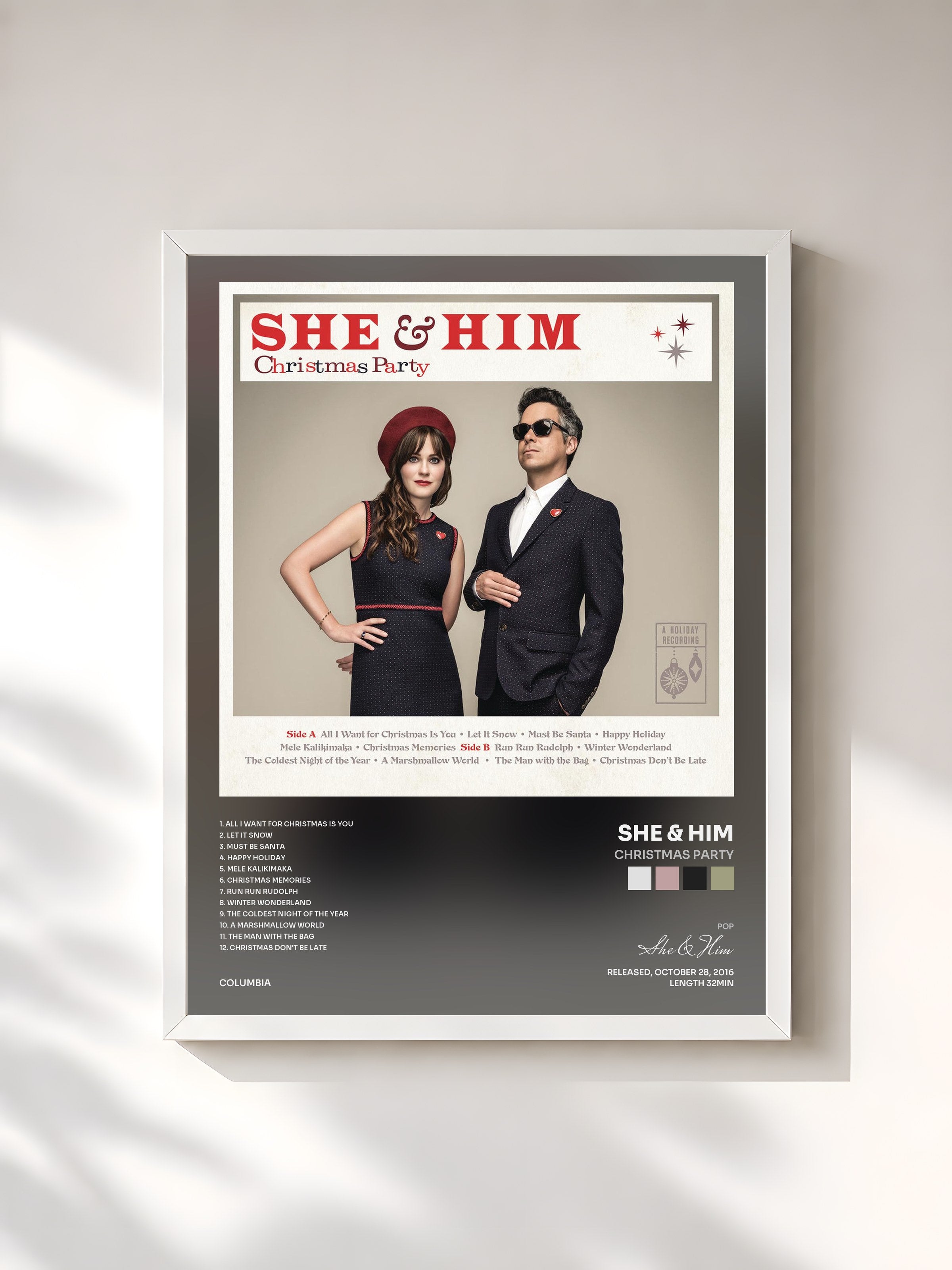 #blanc Tableau de l'album Christmas Party de She & Him, cadre blanc, imprimé et encadré en France