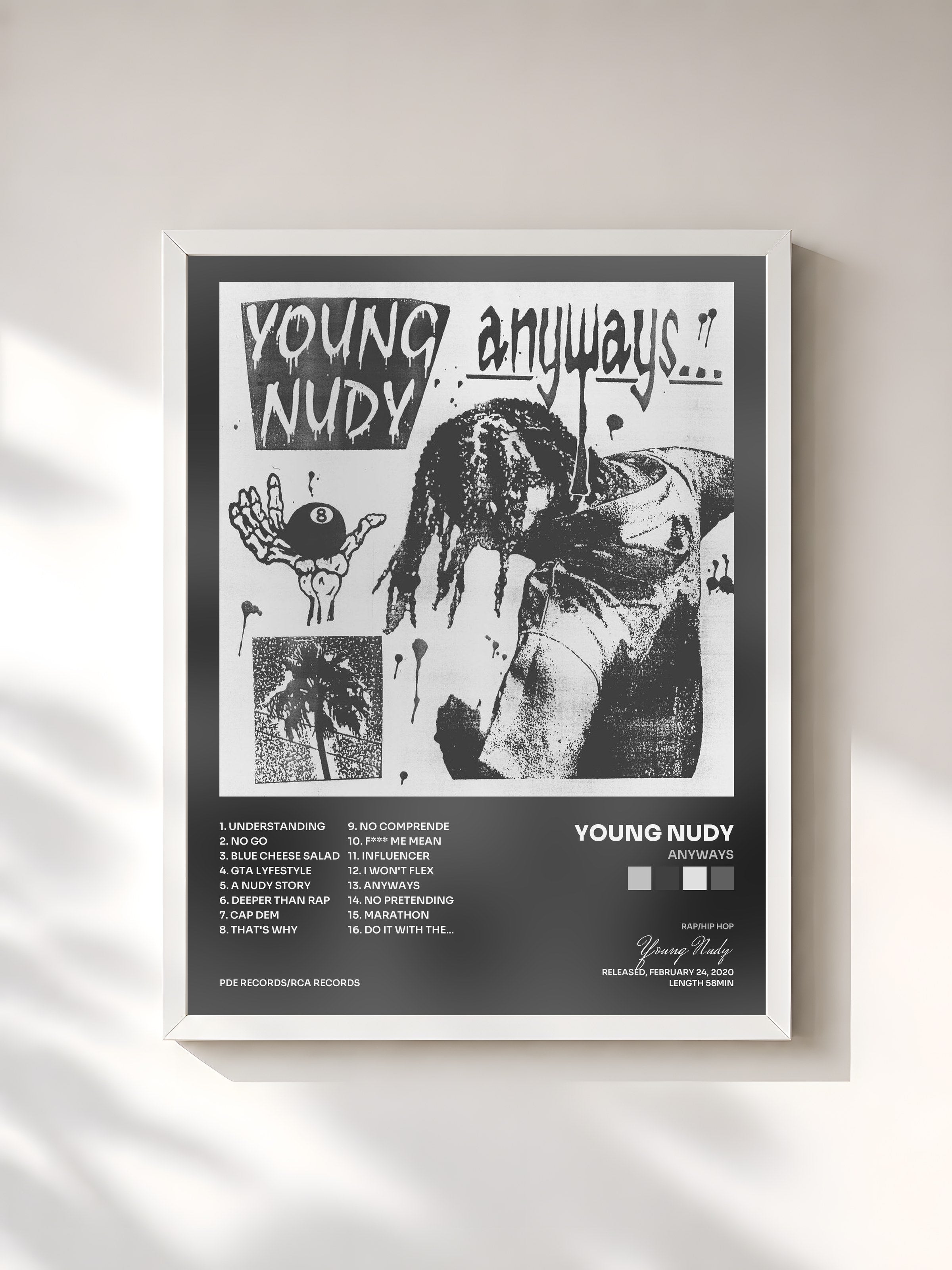 #blanc Tableau de l'album Anyways de Young Nudy, cadre blanc, imprimé et encadré en France