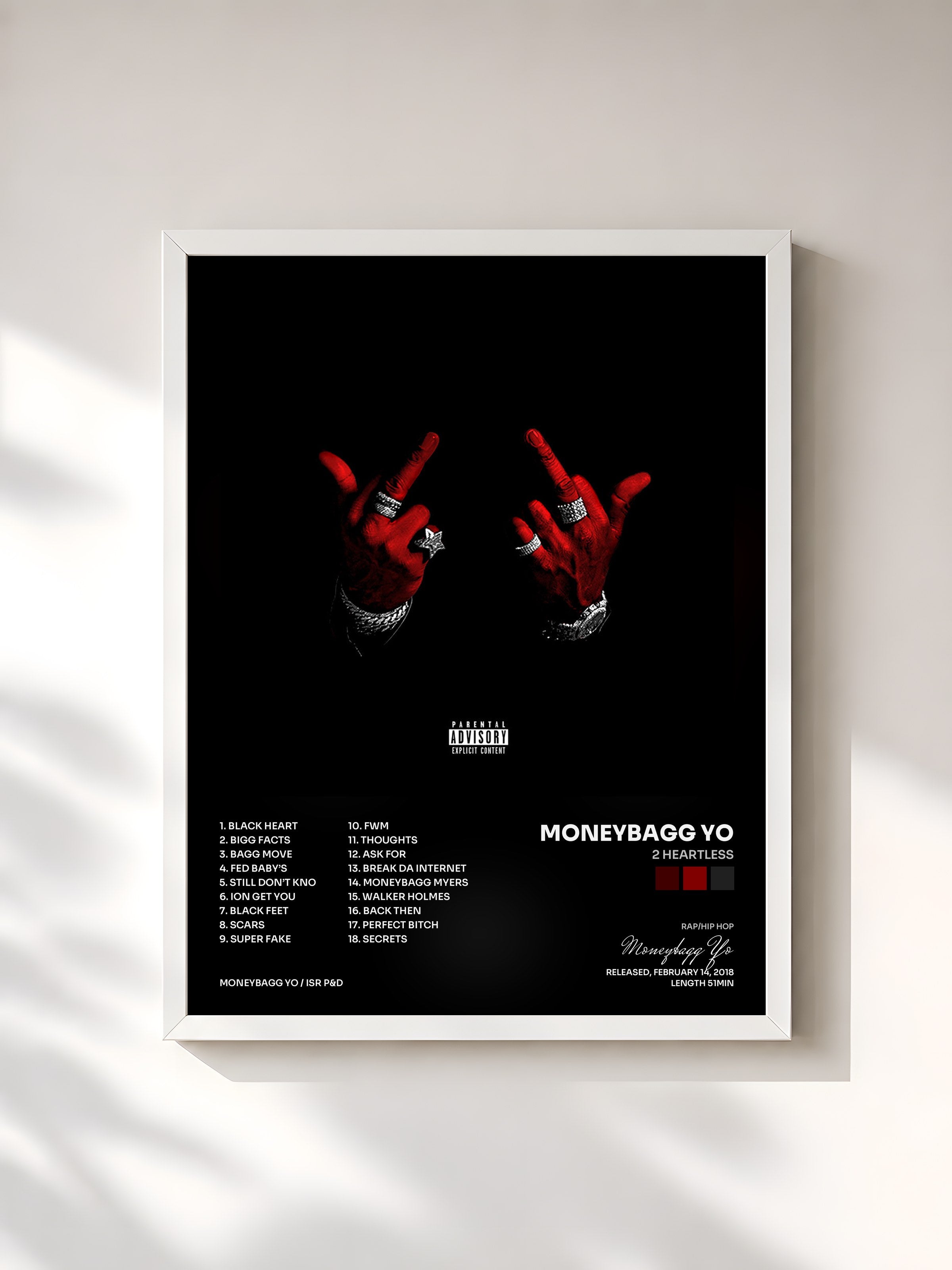 #blanc Tableau de l'album 2 Heartless de Moneybagg Yo, cadre blanc, imprimé et encadré en France