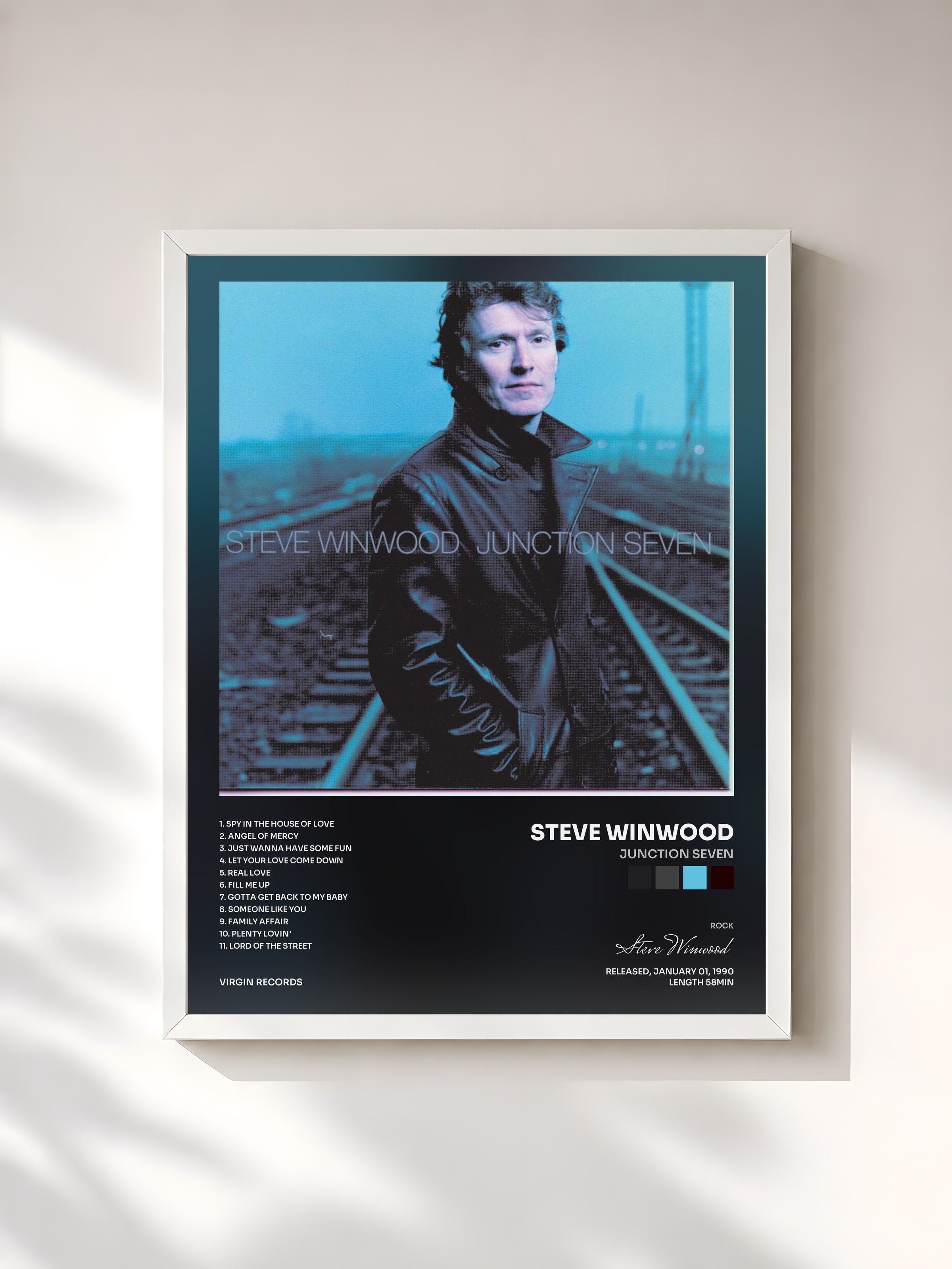 #blanc Tableau de l'album Junction Seven de Steve Winwood, cadre blanc, imprimé et encadré en France