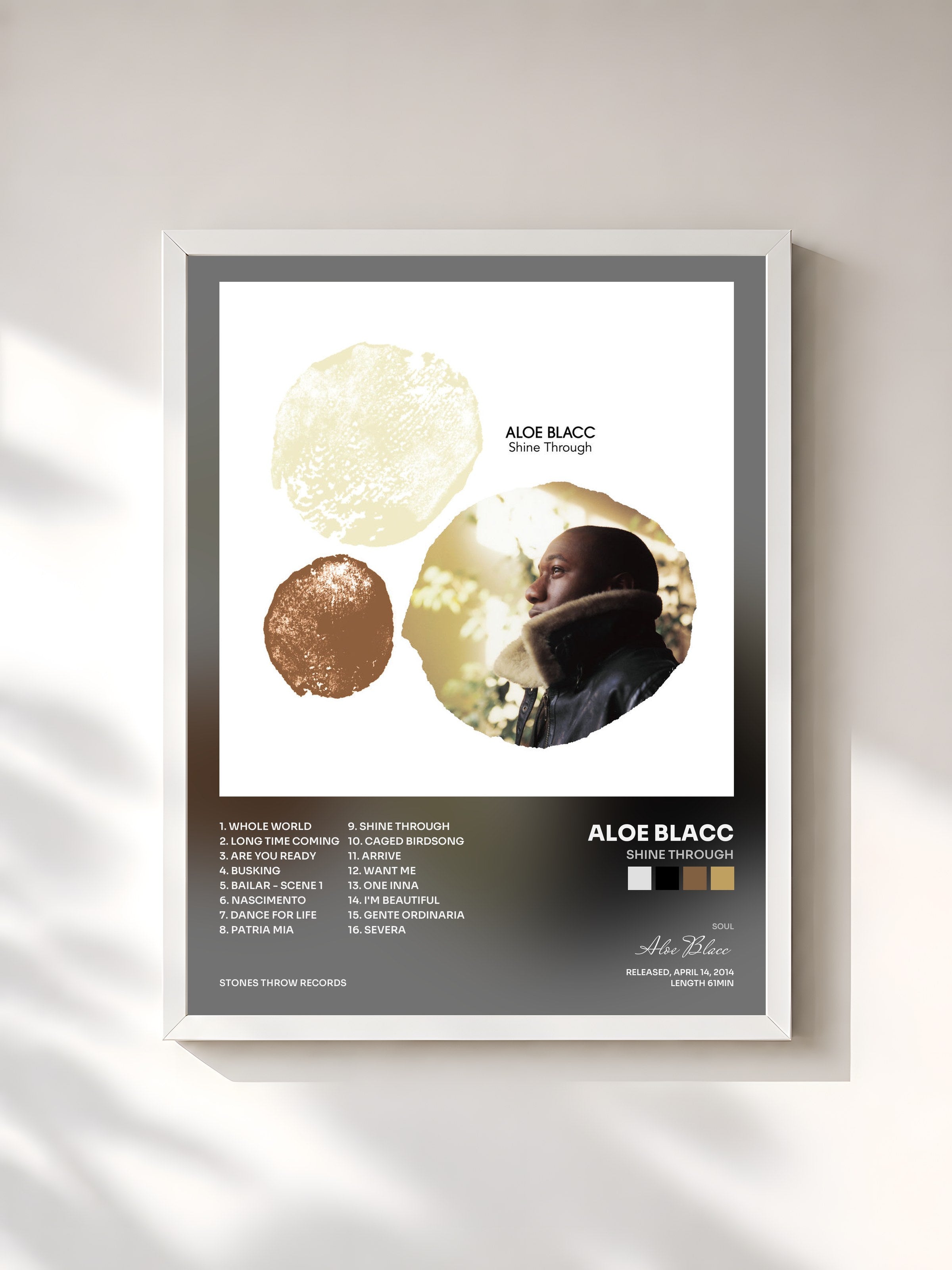 #blanc Tableau de l'album Shine Through de Aloe Blacc, cadre blanc, imprimé et encadré en France