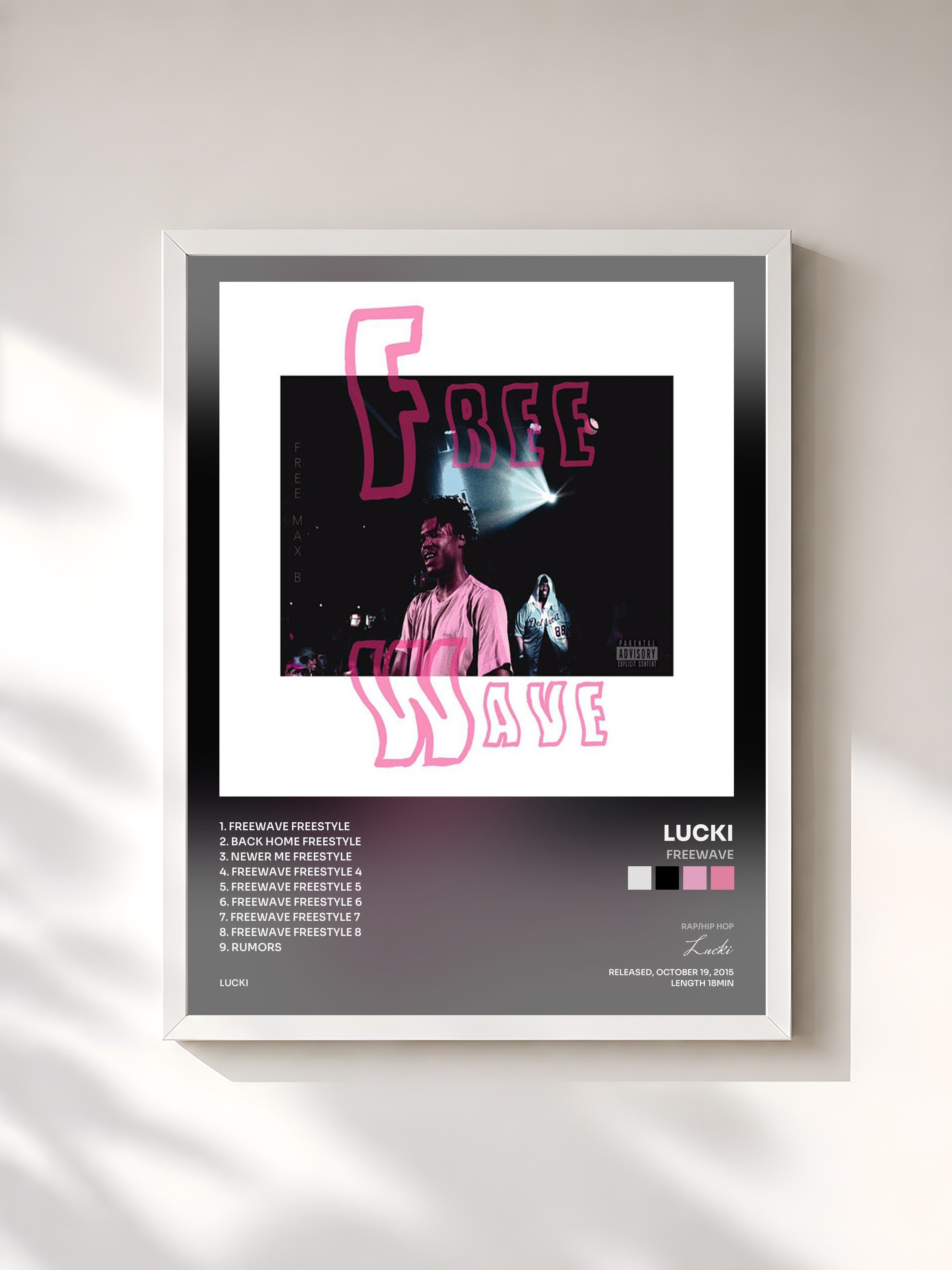 #blanc Tableau de l'album Freewave de Lucki, cadre blanc, imprimé et encadré en France