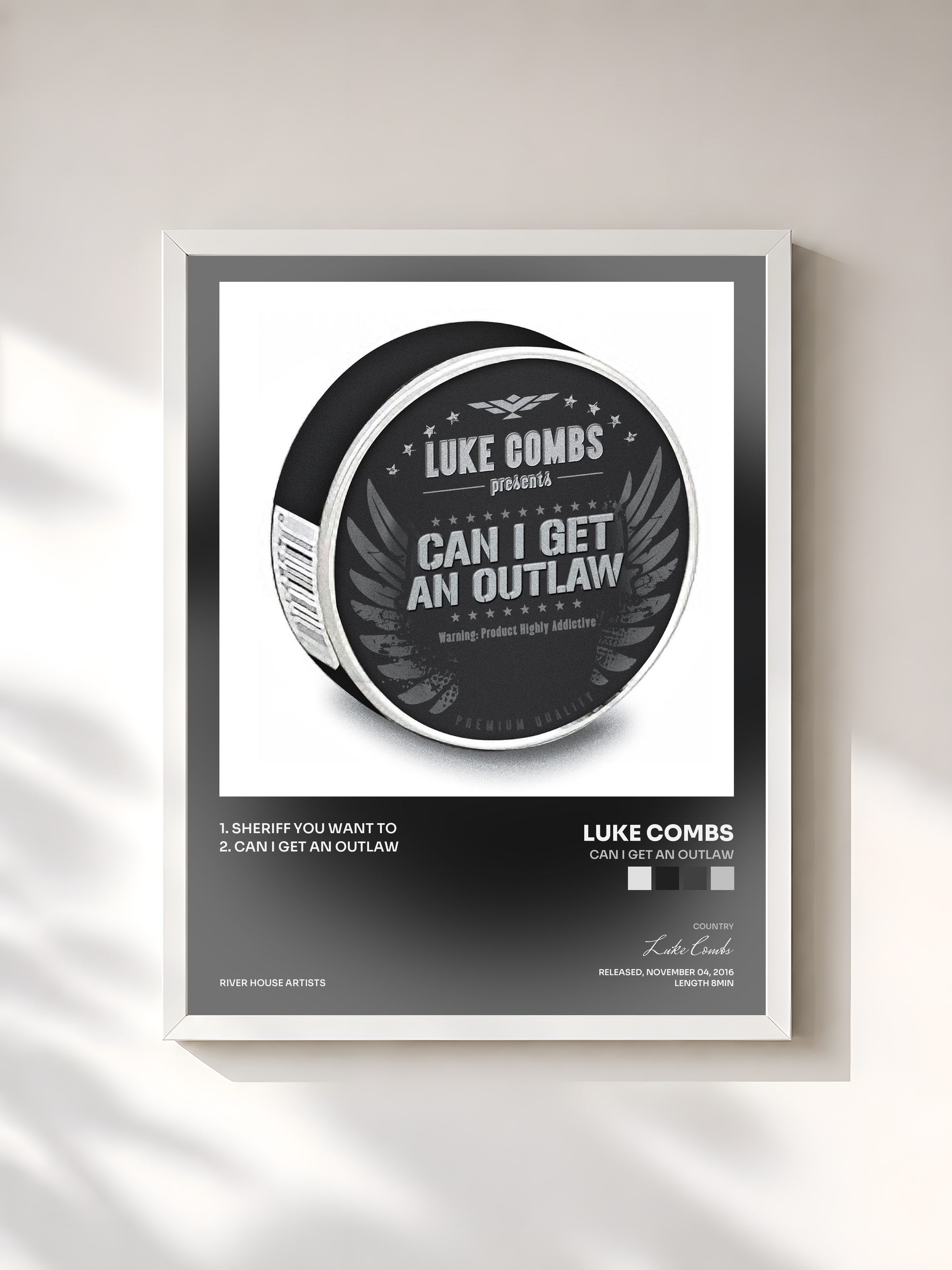 #blanc Tableau de l'album Can I Get an Outlaw de Luke Combs, cadre blanc, imprimé et encadré en France