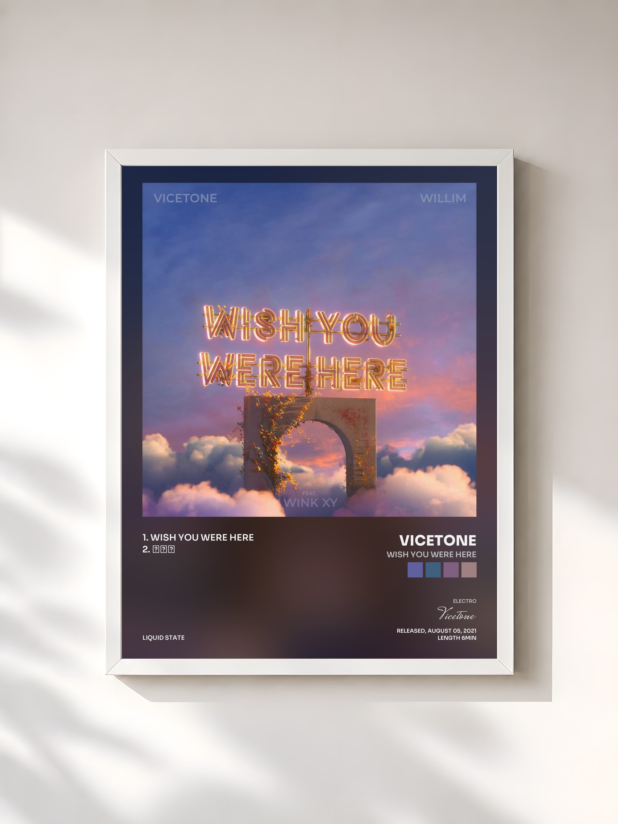 #blanc Tableau de l'album Wish You Were Here de Vicetone, cadre blanc, imprimé et encadré en France