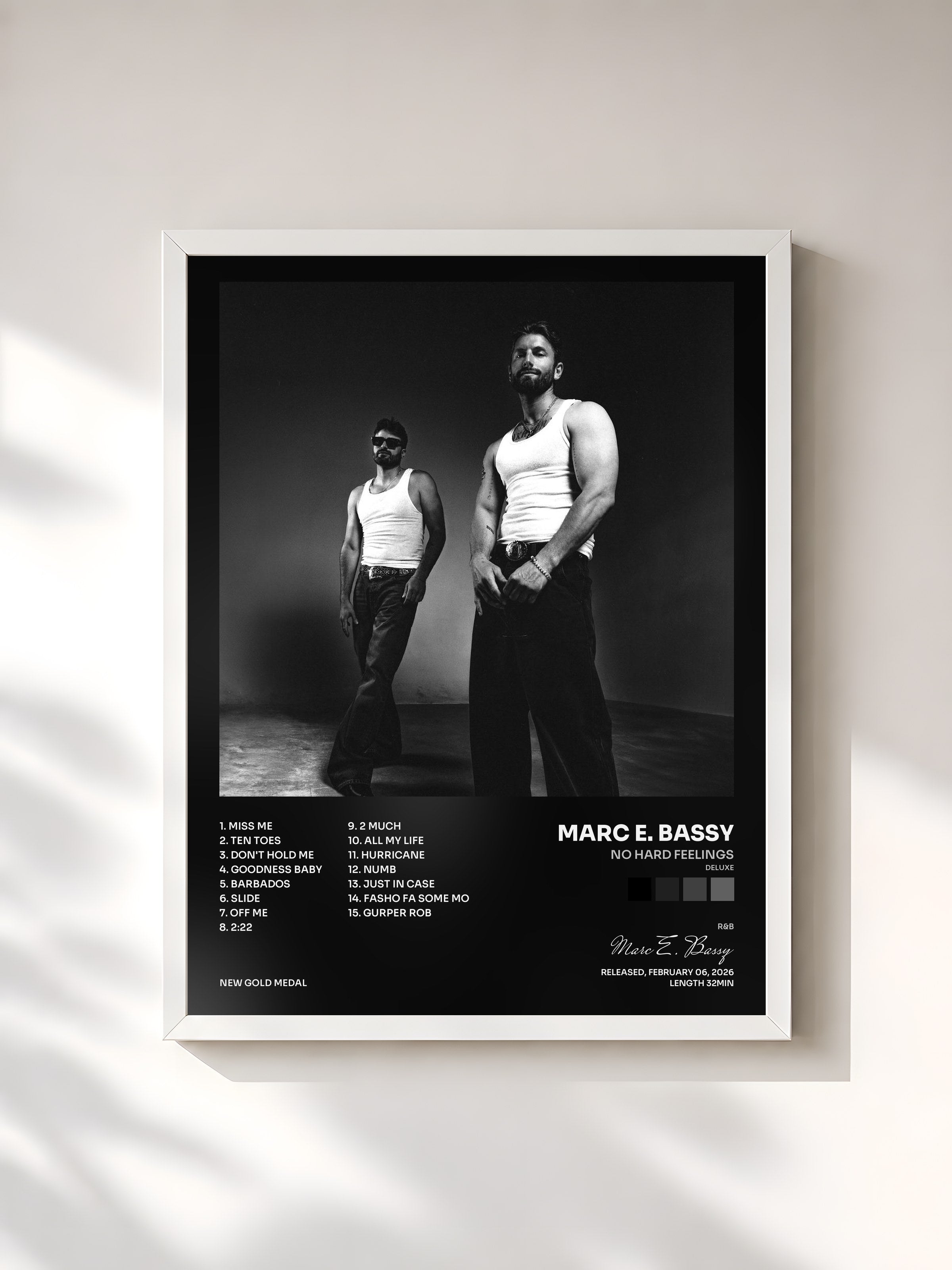 #blanc Tableau de l'album NO HArD FEELINGS (Deluxe) de Marc E. Bassy, cadre blanc, imprimé et encadré en France