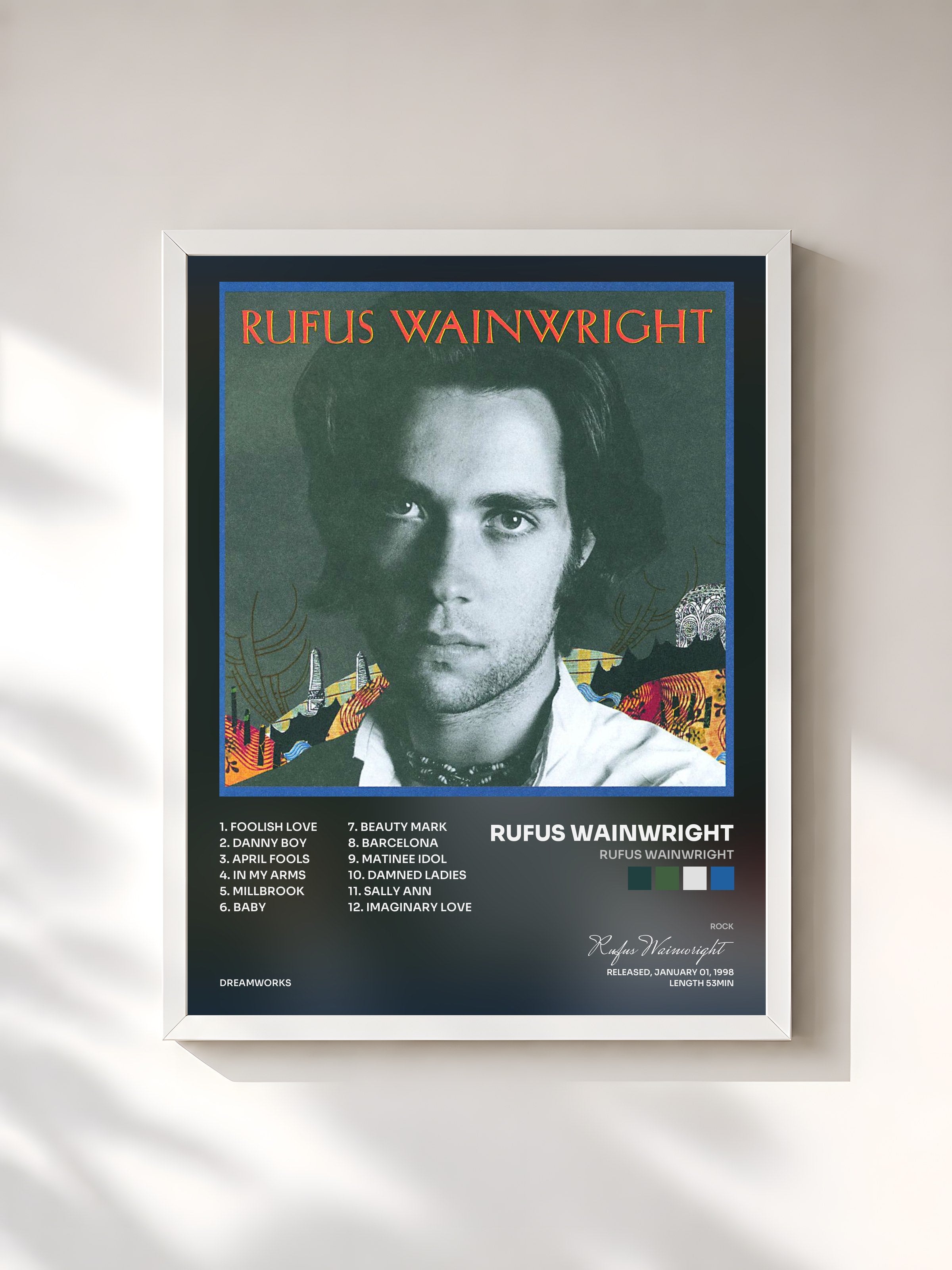 #blanc Tableau de l'album Rufus Wainwright de Rufus Wainwright, cadre blanc, imprimé et encadré en France
