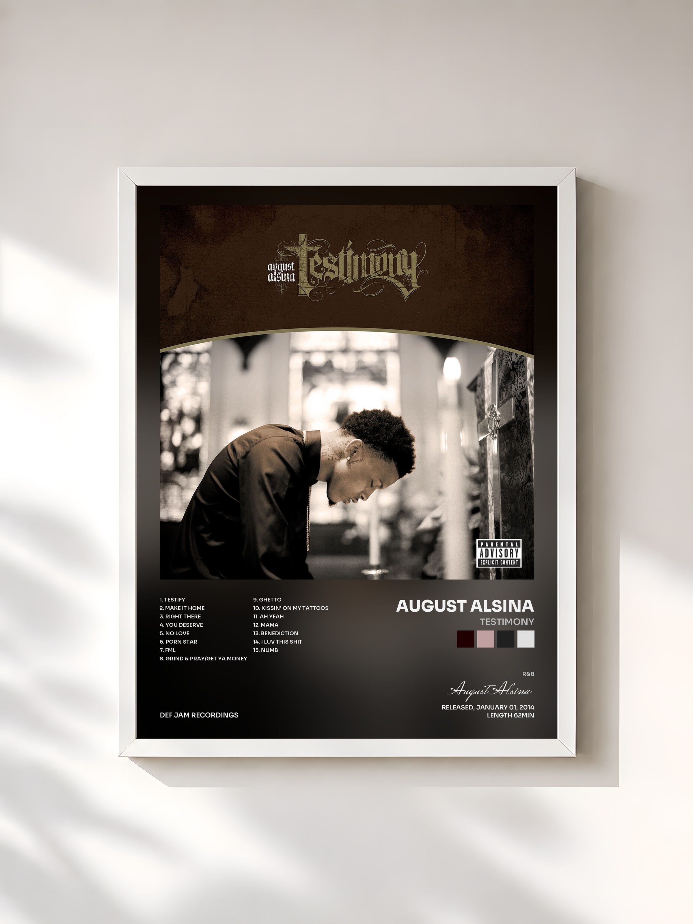 #blanc Tableau de l'album Testimony de August Alsina, cadre blanc, imprimé et encadré en France