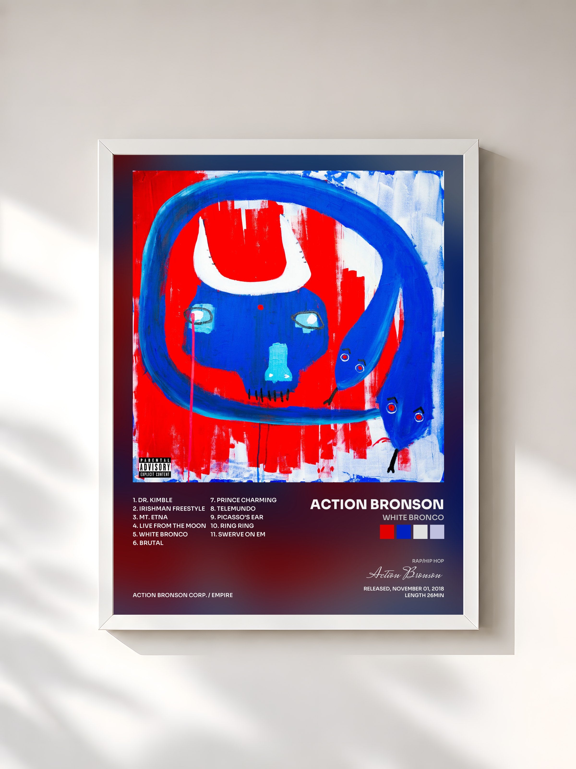 #blanc Tableau de l'album White Bronco de Action Bronson, cadre blanc, imprimé et encadré en France