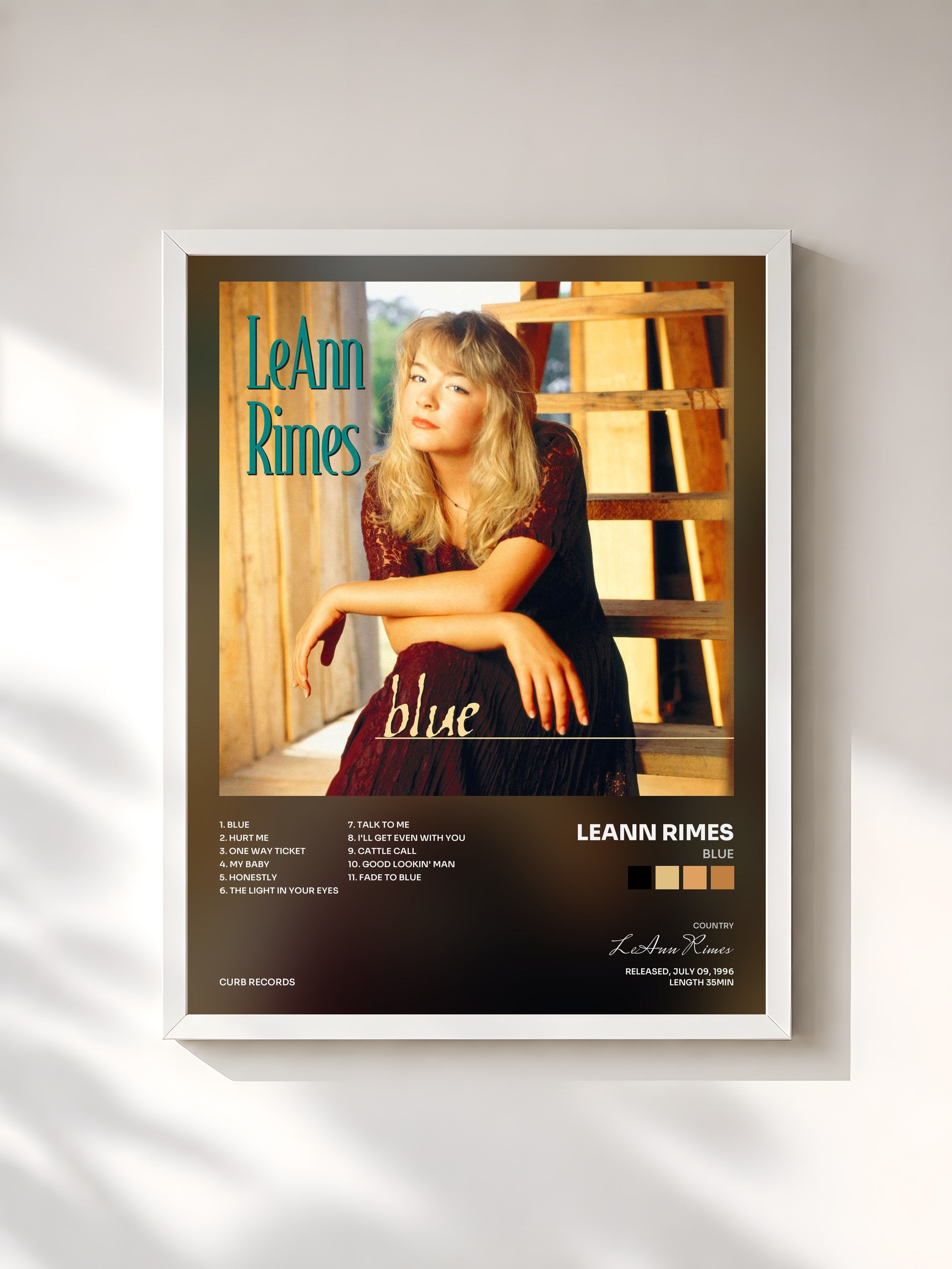 #blanc Tableau de l'album Blue de LeAnn Rimes, cadre blanc, imprimé et encadré en France