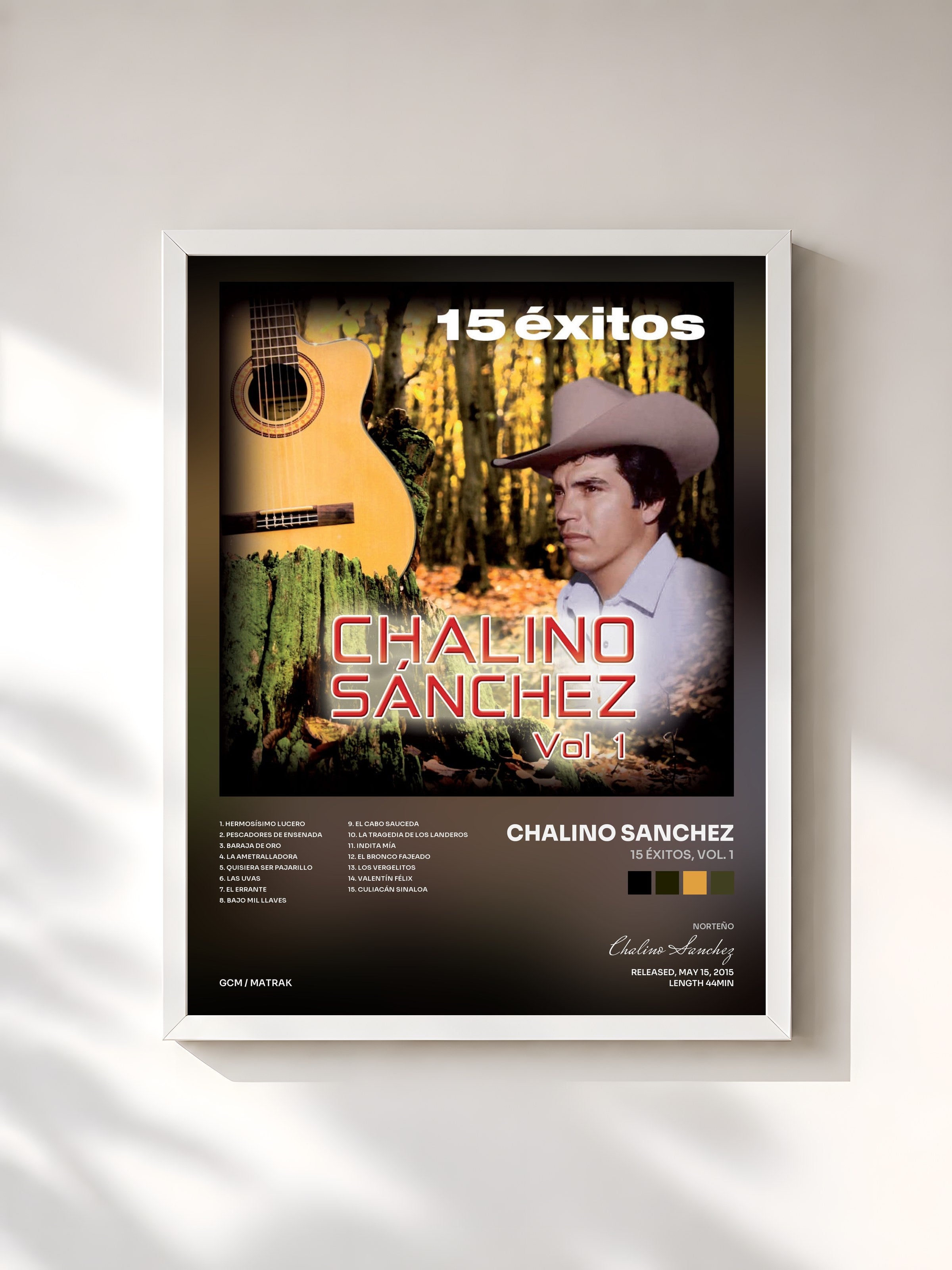 #blanc Tableau de l'album 15 Éxitos, Vol. 1 de Chalino Sanchez, cadre blanc, imprimé et encadré en France