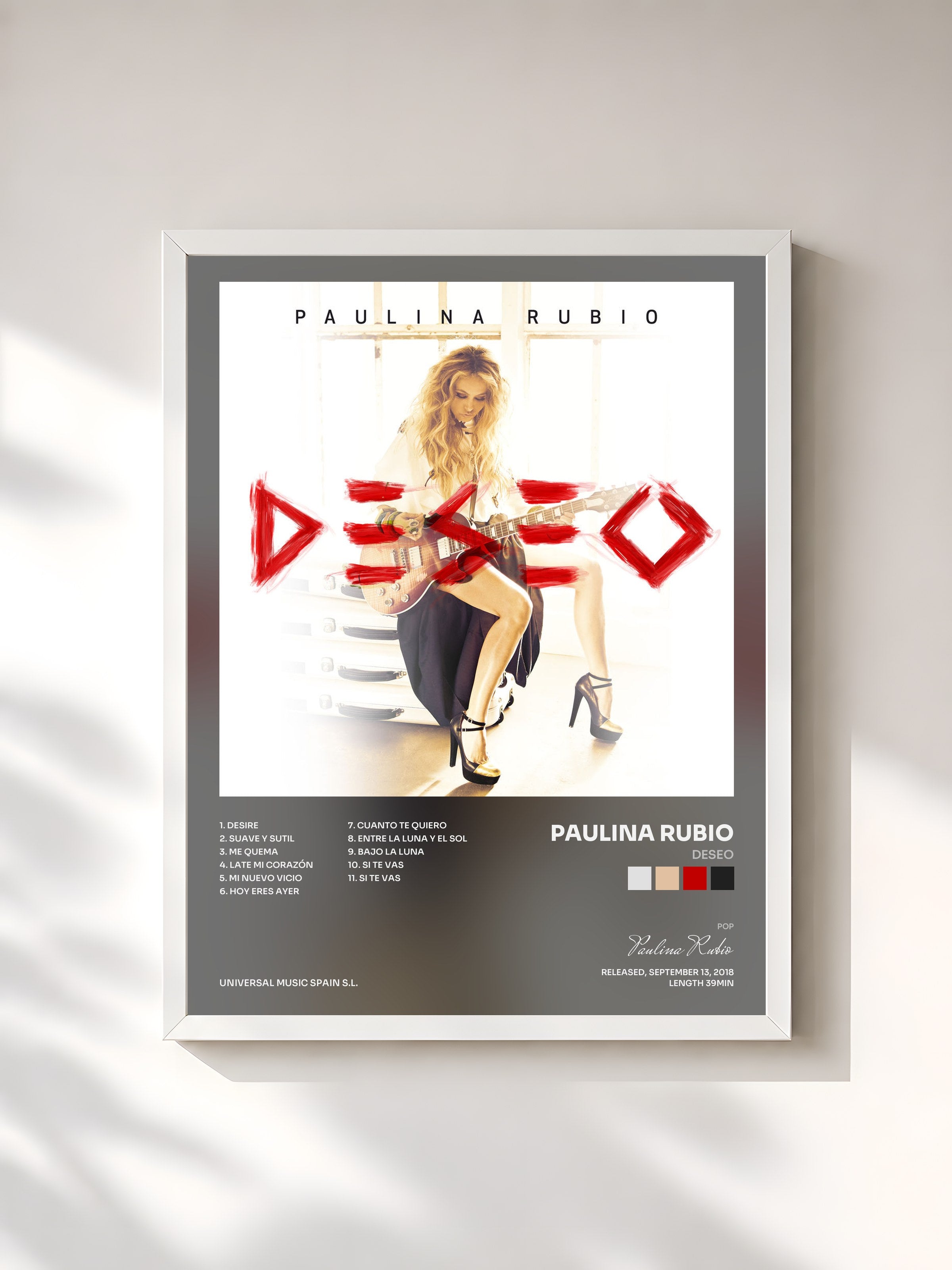 #blanc Tableau de l'album Deseo de Paulina Rubio, cadre blanc, imprimé et encadré en France