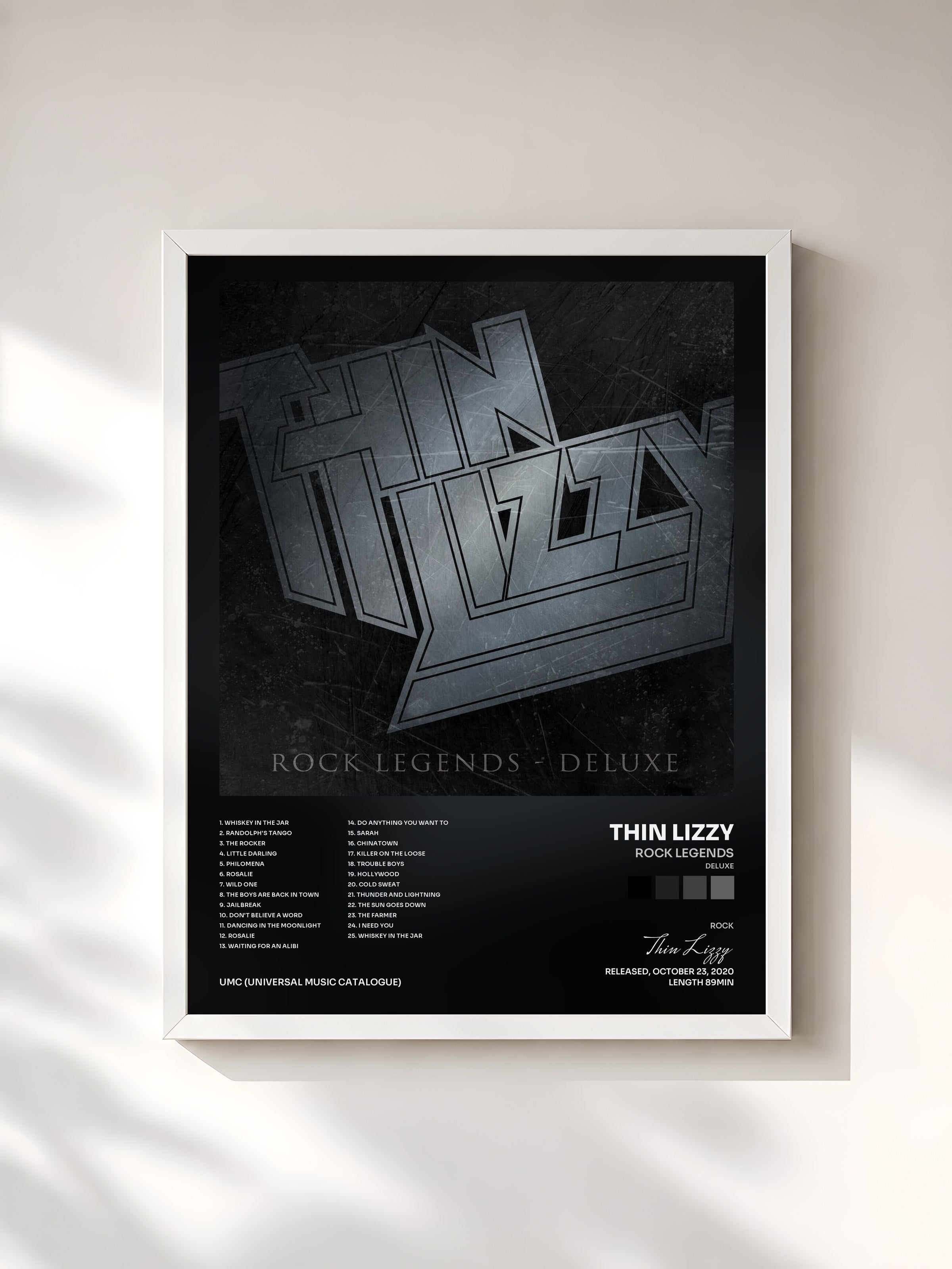 #blanc Tableau de l'album Rock Legends (Deluxe) de Thin Lizzy, cadre blanc, imprimé et encadré en France