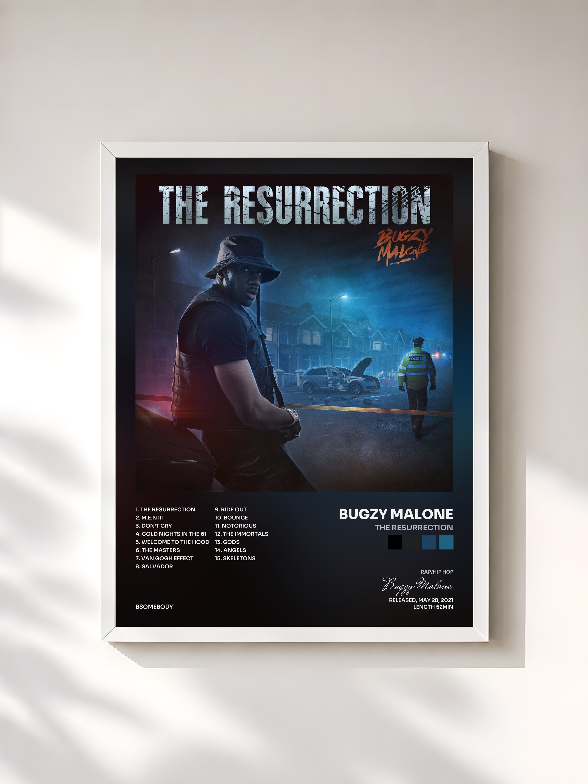 #blanc Tableau de l'album The Resurrection de Bugzy Malone, cadre blanc, imprimé et encadré en France