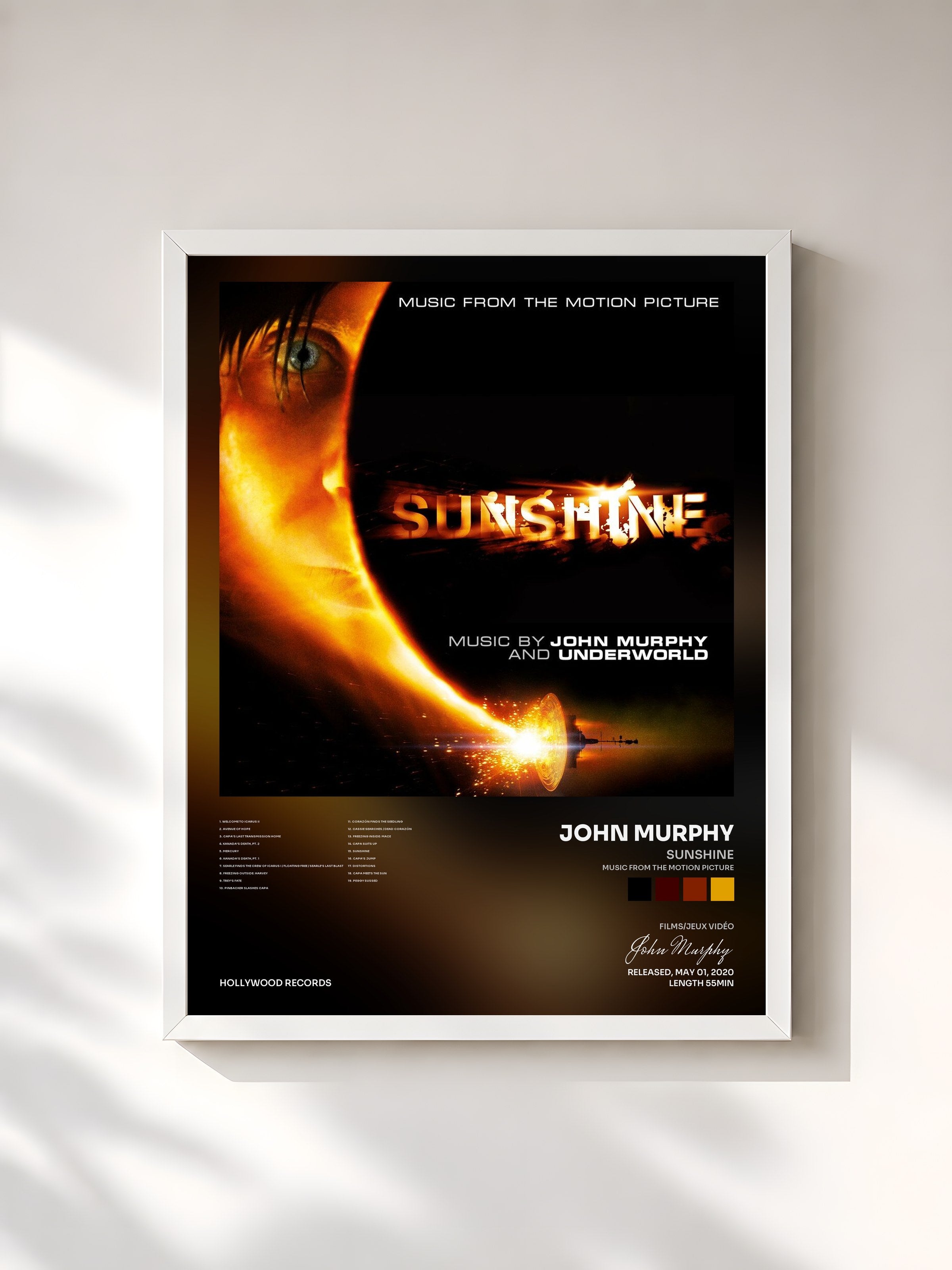 #blanc Tableau de l'album Sunshine (Music from the Motion Picture) de John Murphy, cadre blanc, imprimé et encadré en France