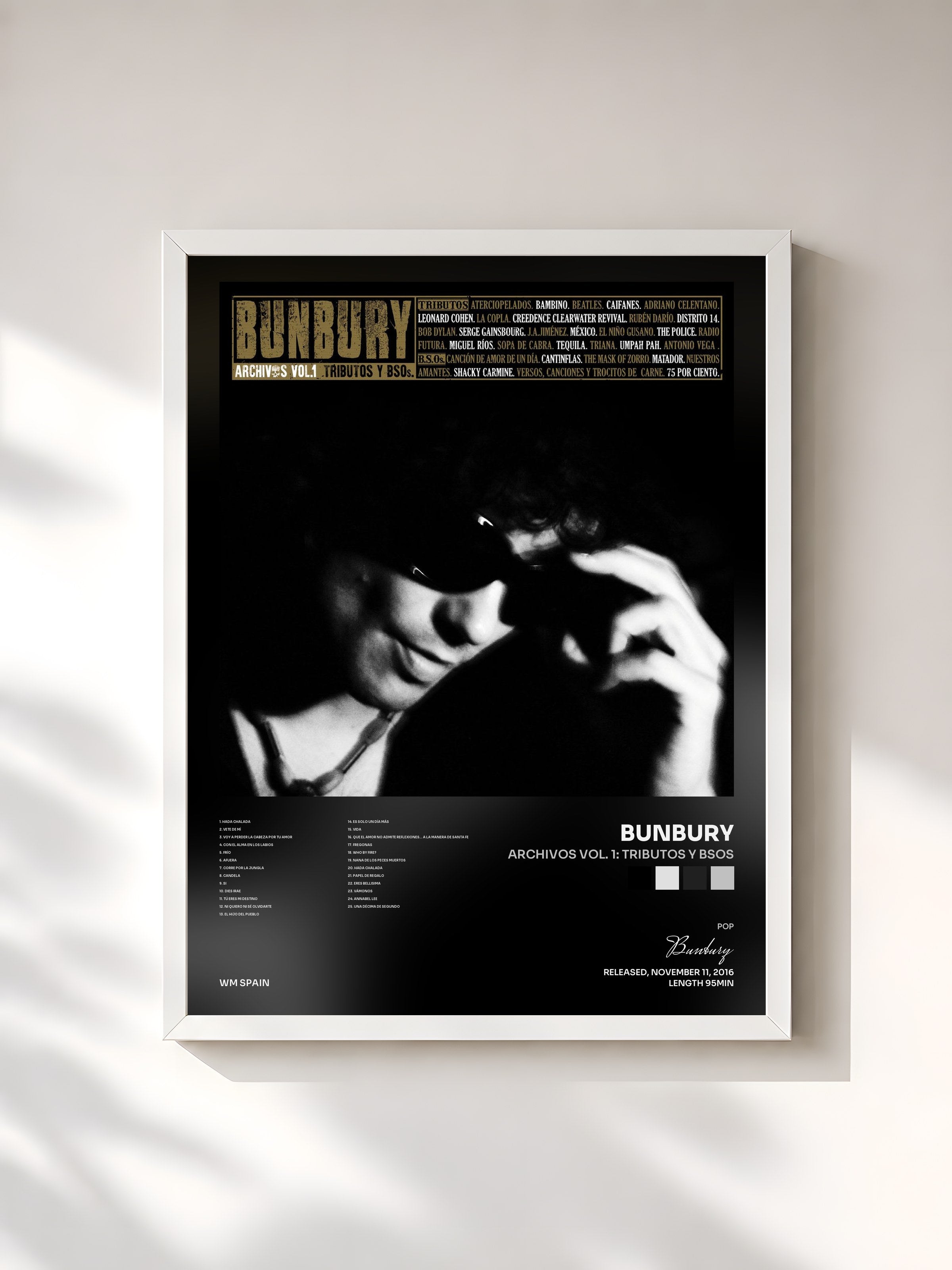 #blanc Tableau de l'album Archivos Vol. 1: Tributos y BSOs de Bunbury, cadre blanc, imprimé et encadré en France