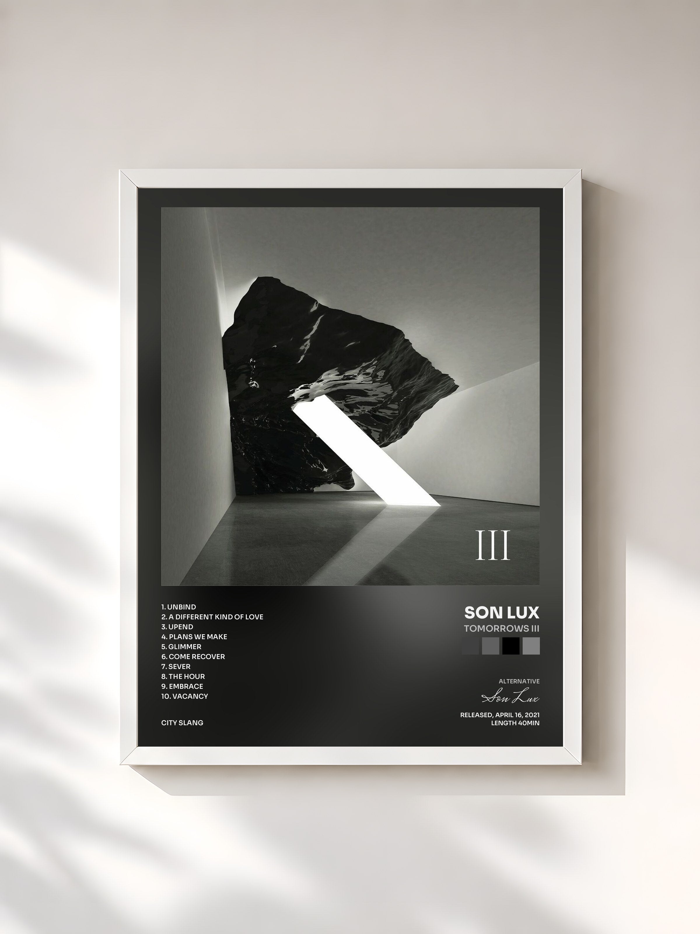 #blanc Tableau de l'album Tomorrows III de Son Lux, cadre blanc, imprimé et encadré en France
