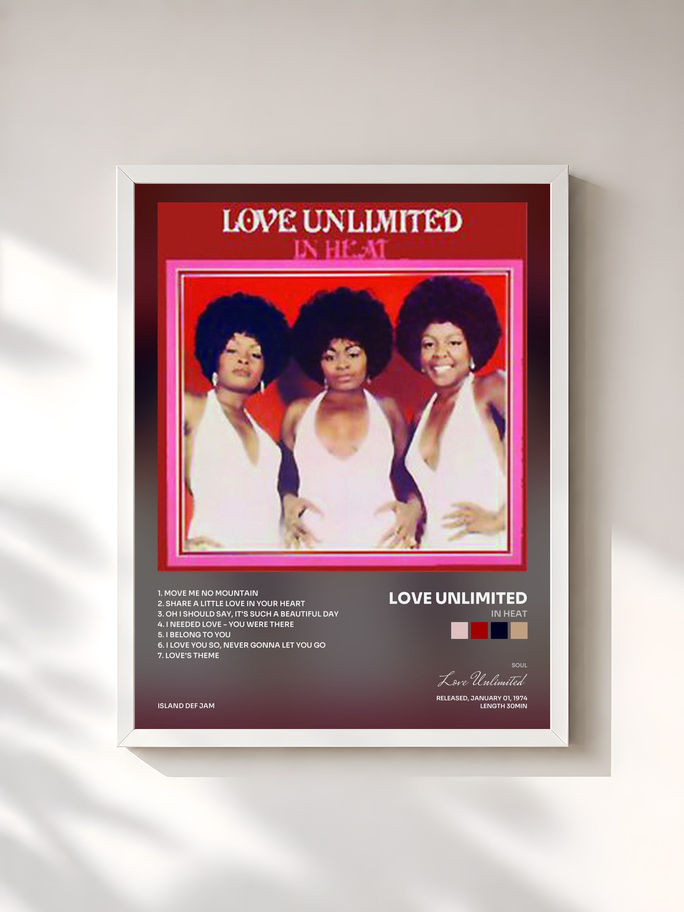 #blanc Tableau de l'album In Heat de Love Unlimited, cadre blanc, imprimé et encadré en France