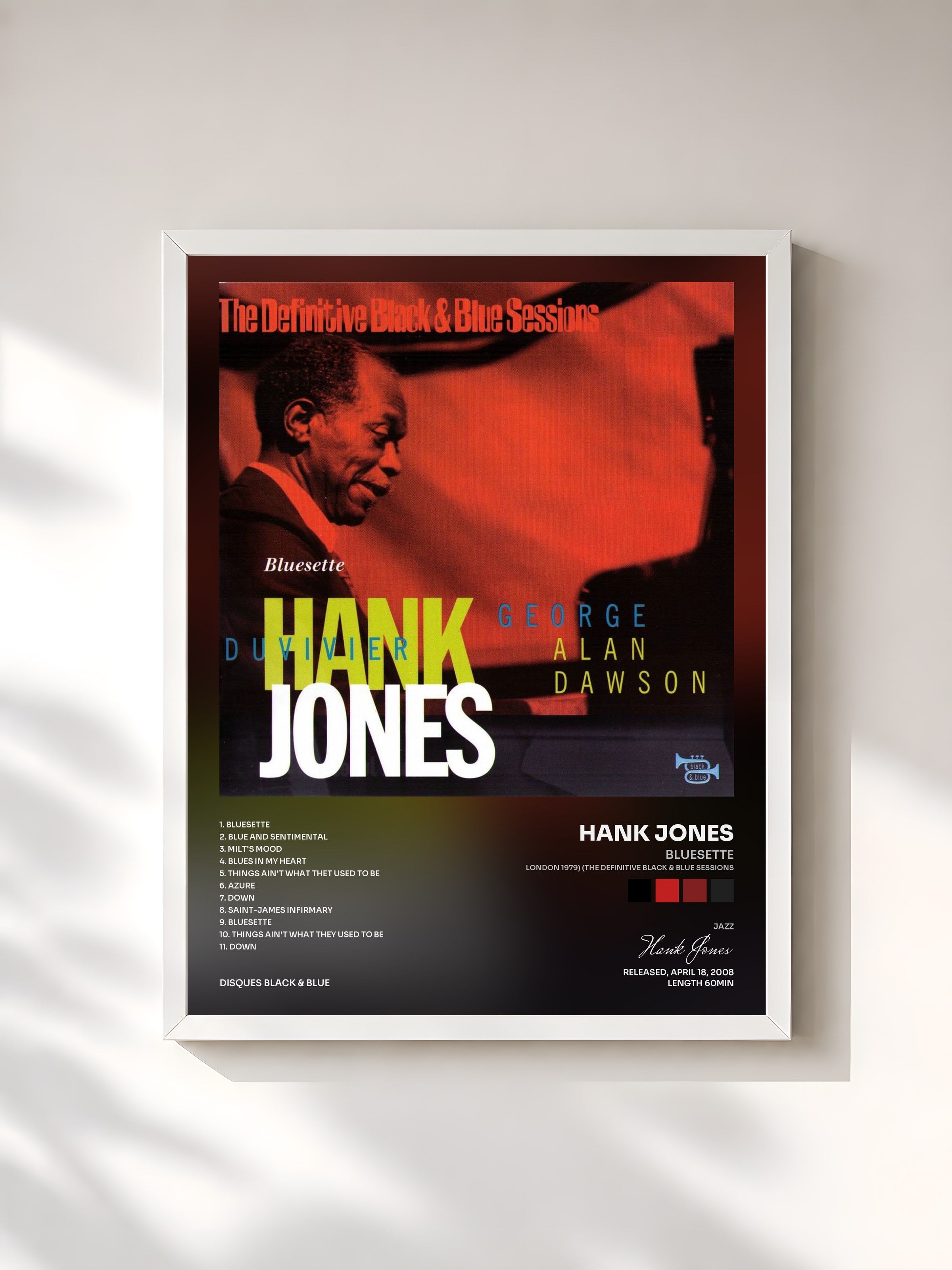 #blanc Tableau de l'album Bluesette (London 1979) (The Definitive Black & Blue Sessions) de Hank Jones, cadre blanc, imprimé et encadré en France