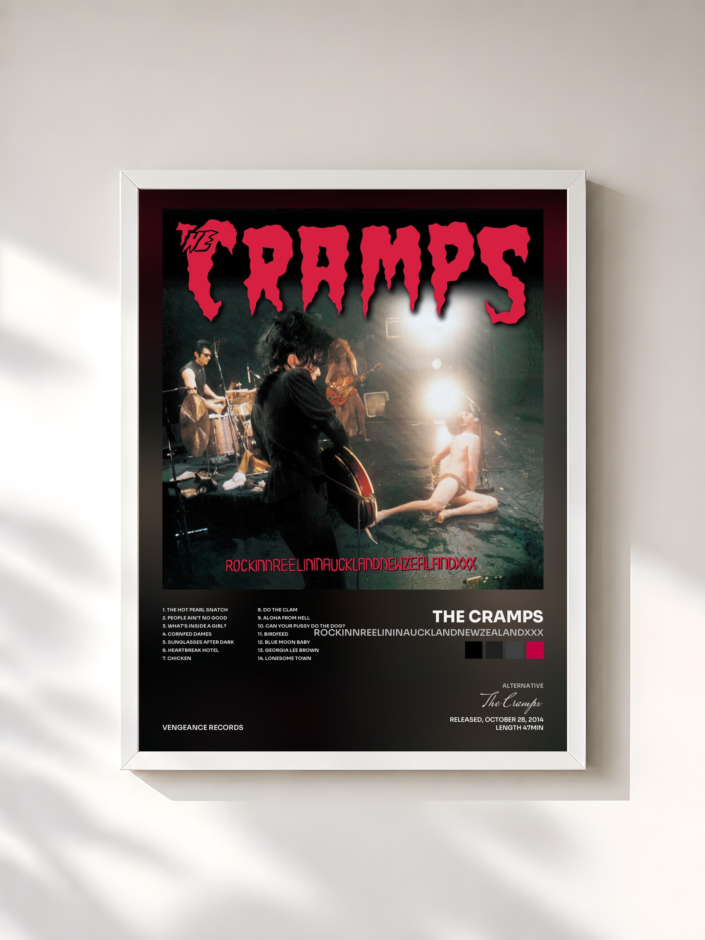 #blanc Tableau de l'album Rockinnreelininaucklandnewzealandxxx de The Cramps, cadre blanc, imprimé et encadré en France