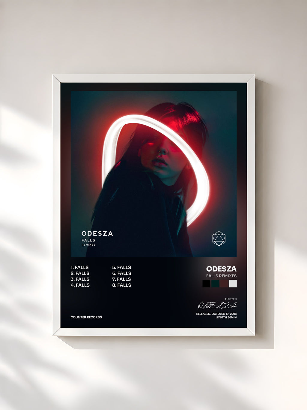 #blanc Falls Remixes by ODESZA as a framed art print, white frame, printed and framed in France