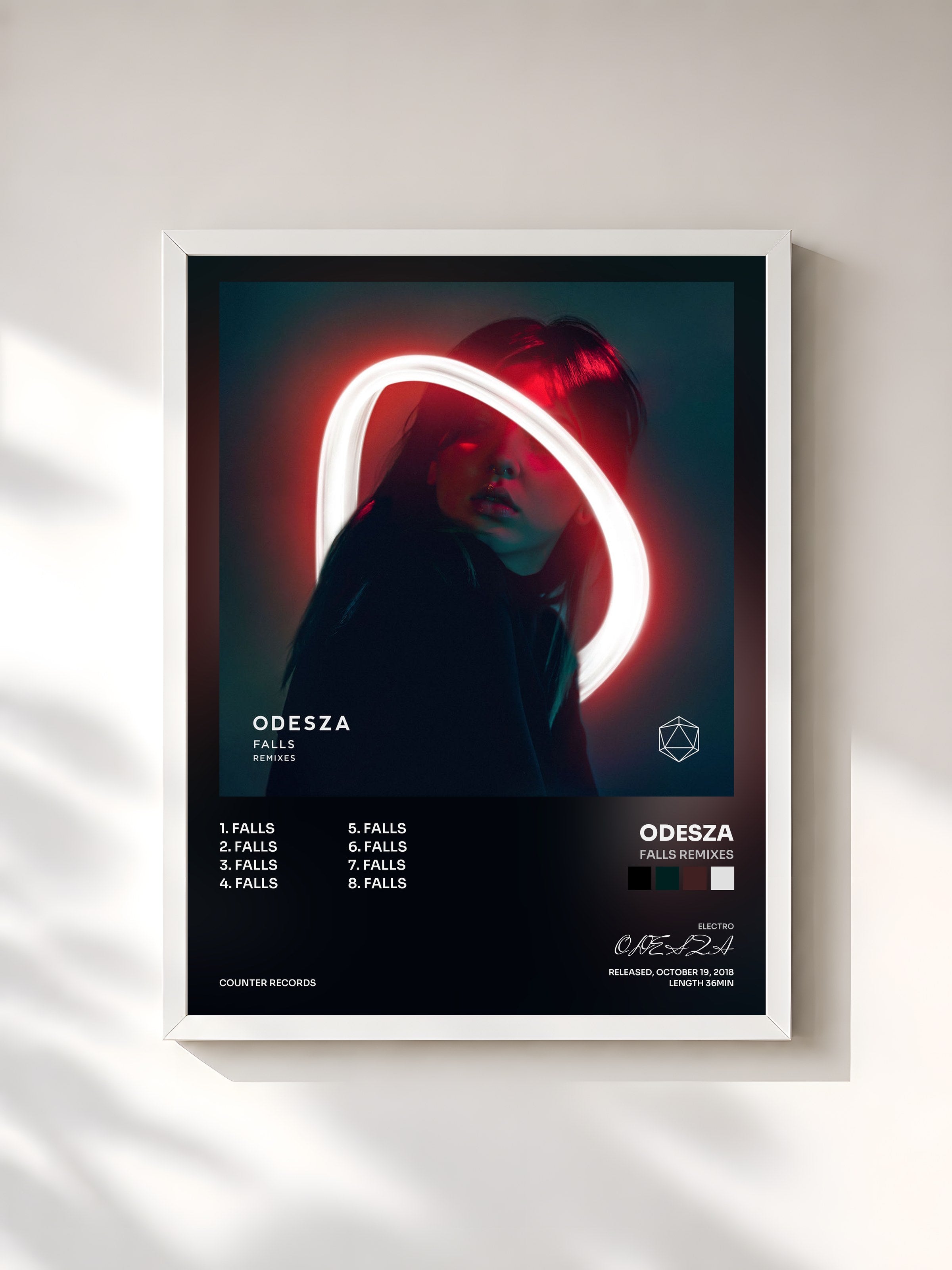 #blanc Tableau de l'album Falls Remixes de ODESZA, cadre blanc, imprimé et encadré en France