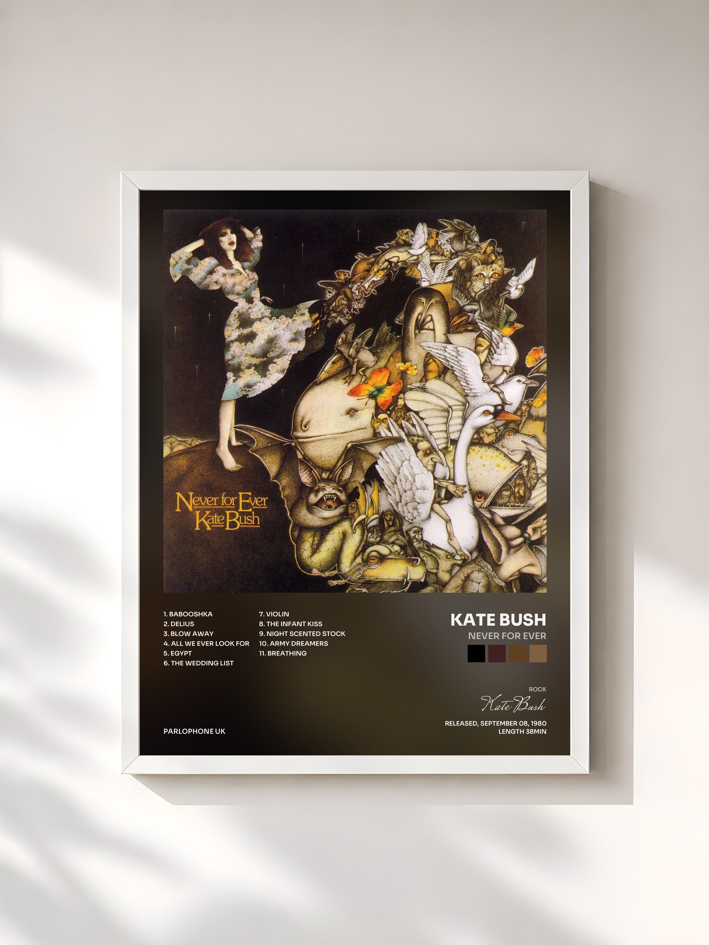 #blanc Tableau de l'album Never for Ever de Kate Bush, cadre blanc, imprimé et encadré en France
