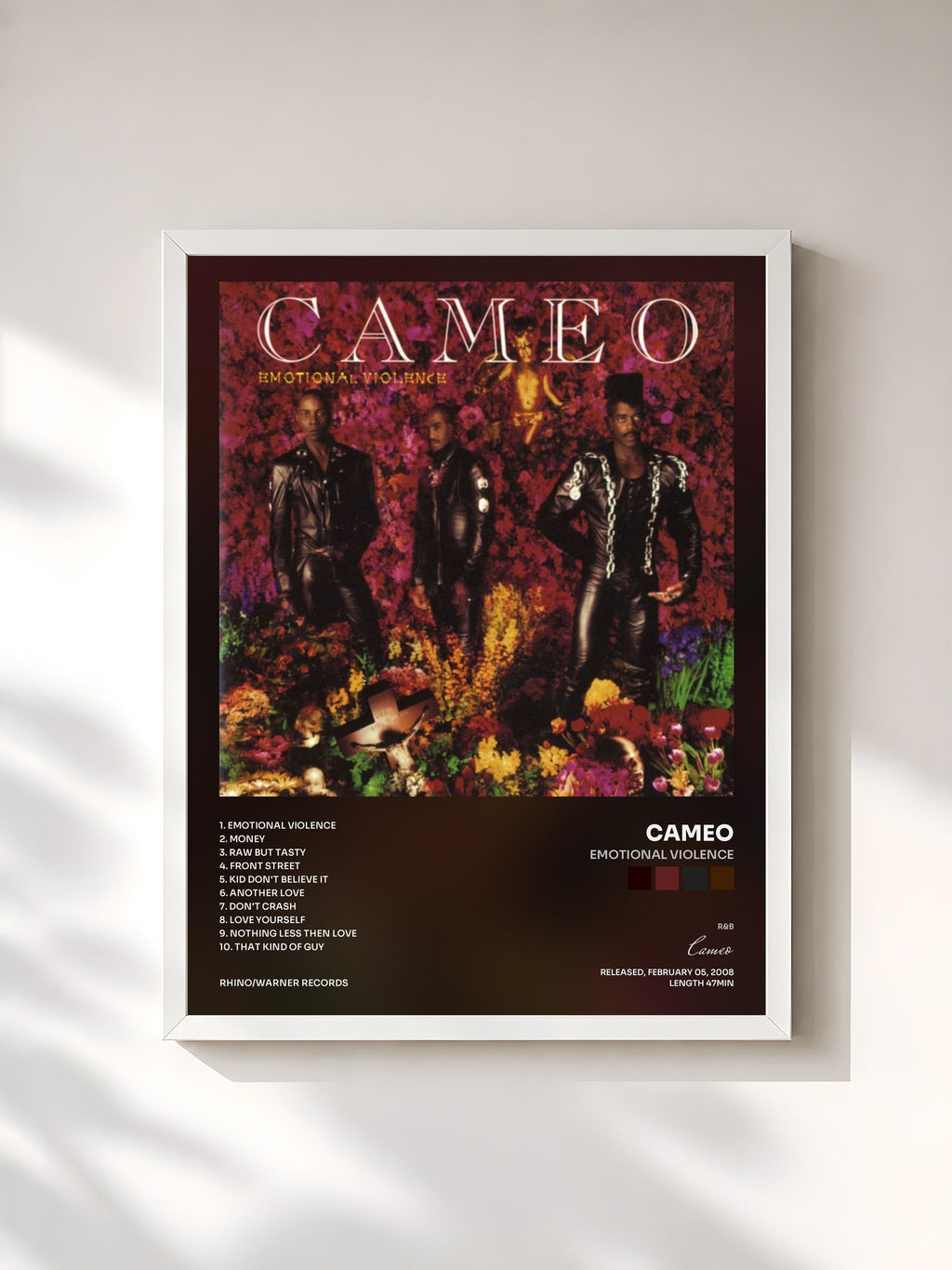 #blanc Tableau de l'album Emotional Violence de Cameo, cadre blanc, imprimé et encadré en France