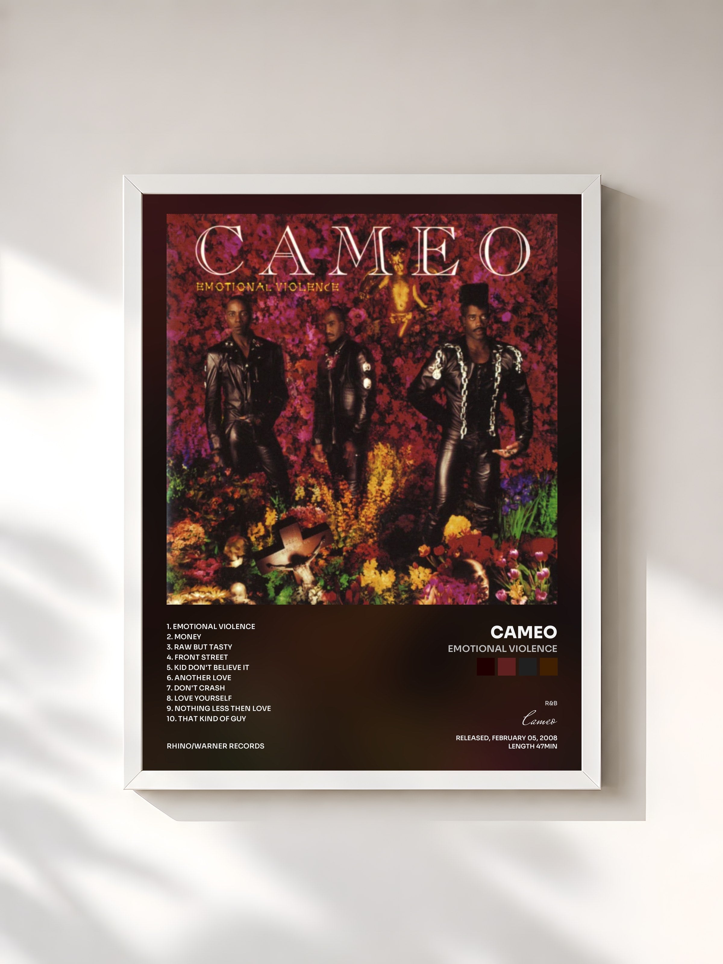 #blanc Tableau de l'album Emotional Violence de Cameo, cadre blanc, imprimé et encadré en France