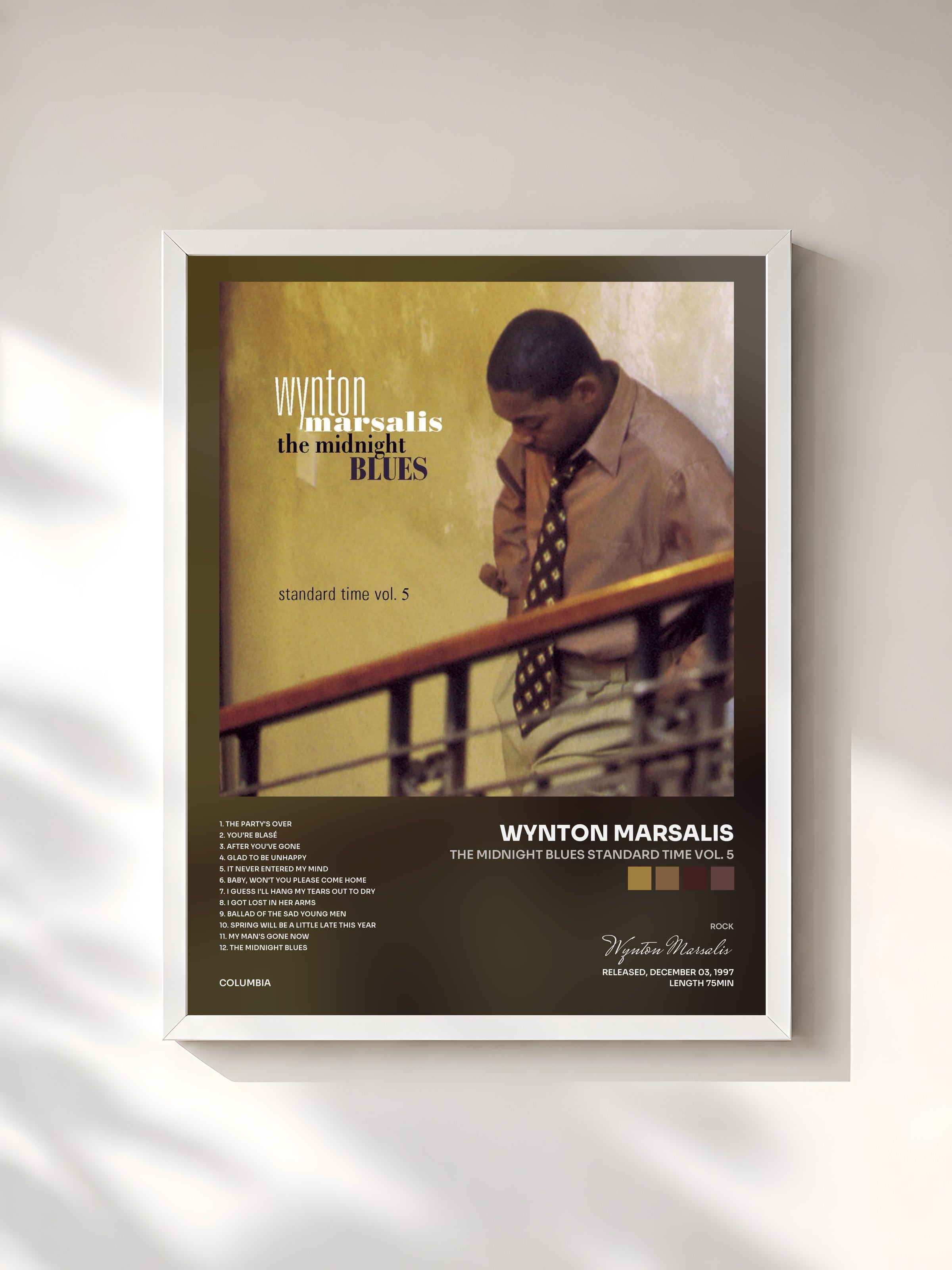 #blanc Tableau de l'album The Midnight Blues Standard Time Vol. 5 de Wynton Marsalis, cadre blanc, imprimé et encadré en France