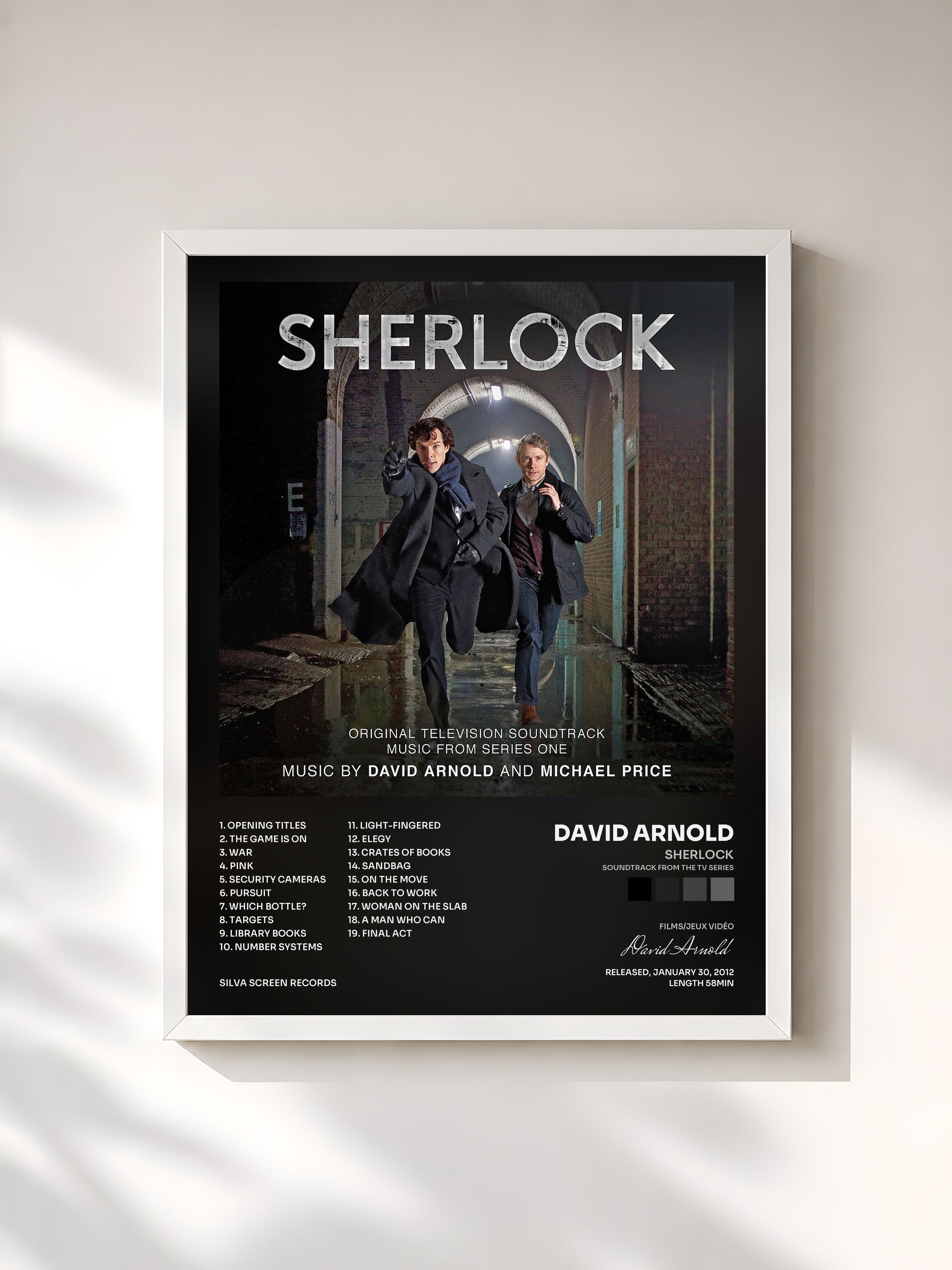 #blanc Tableau de l'album Sherlock (Soundtrack from the TV series) de David Arnold, cadre blanc, imprimé et encadré en France