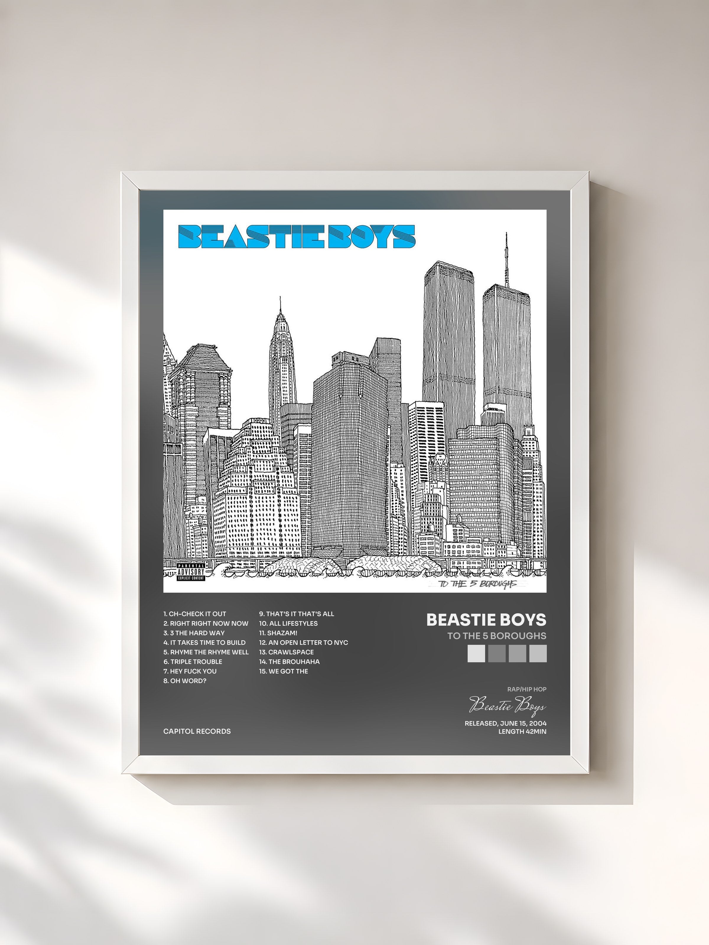#blanc Tableau de l'album To The 5 Boroughs de Beastie Boys, cadre blanc, imprimé et encadré en France