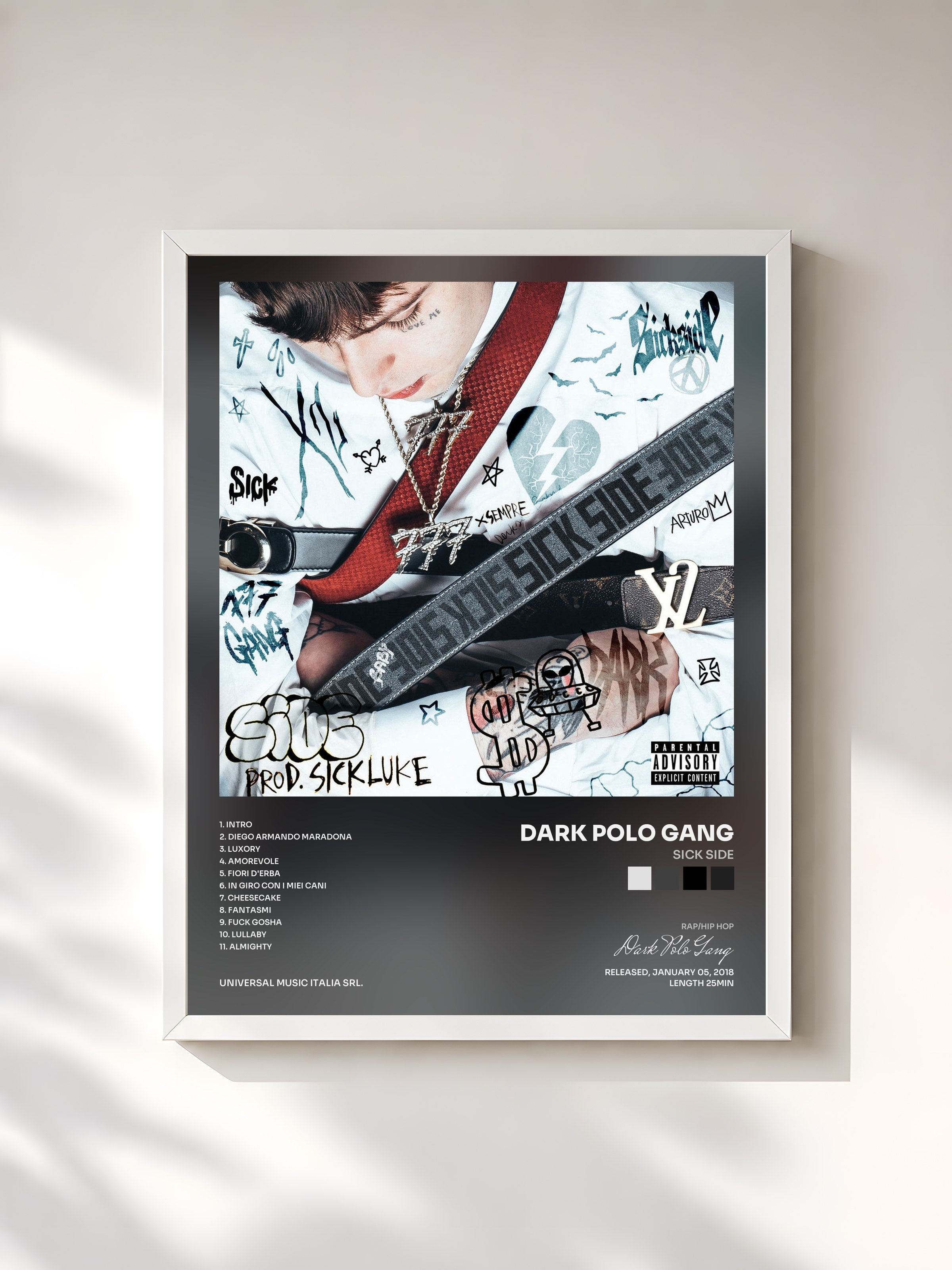 #blanc Tableau de l'album Sick Side de Dark Polo Gang, cadre blanc, imprimé et encadré en France