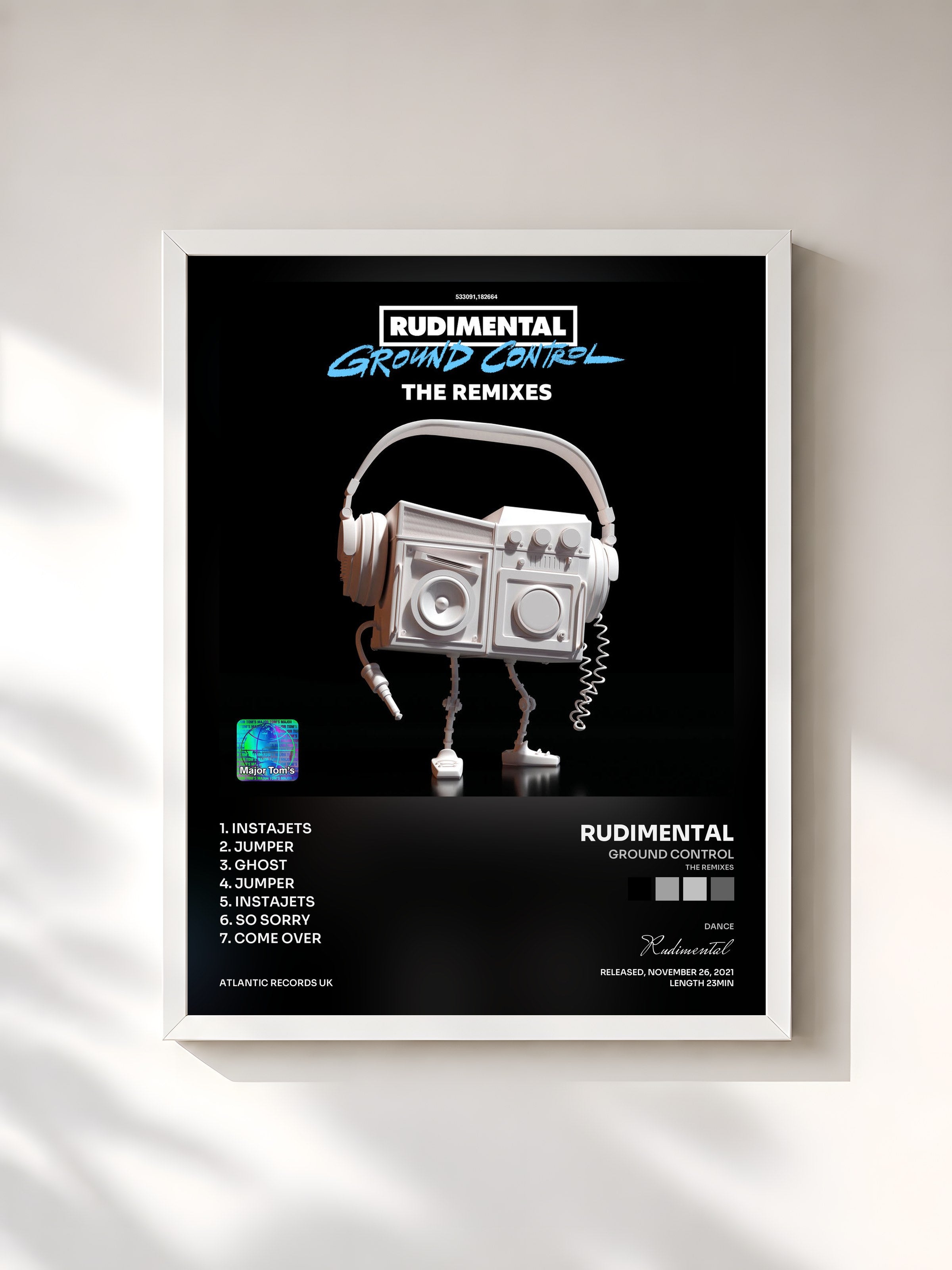 #blanc Tableau de l'album Ground Control (The Remixes) de Rudimental, cadre blanc, imprimé et encadré en France