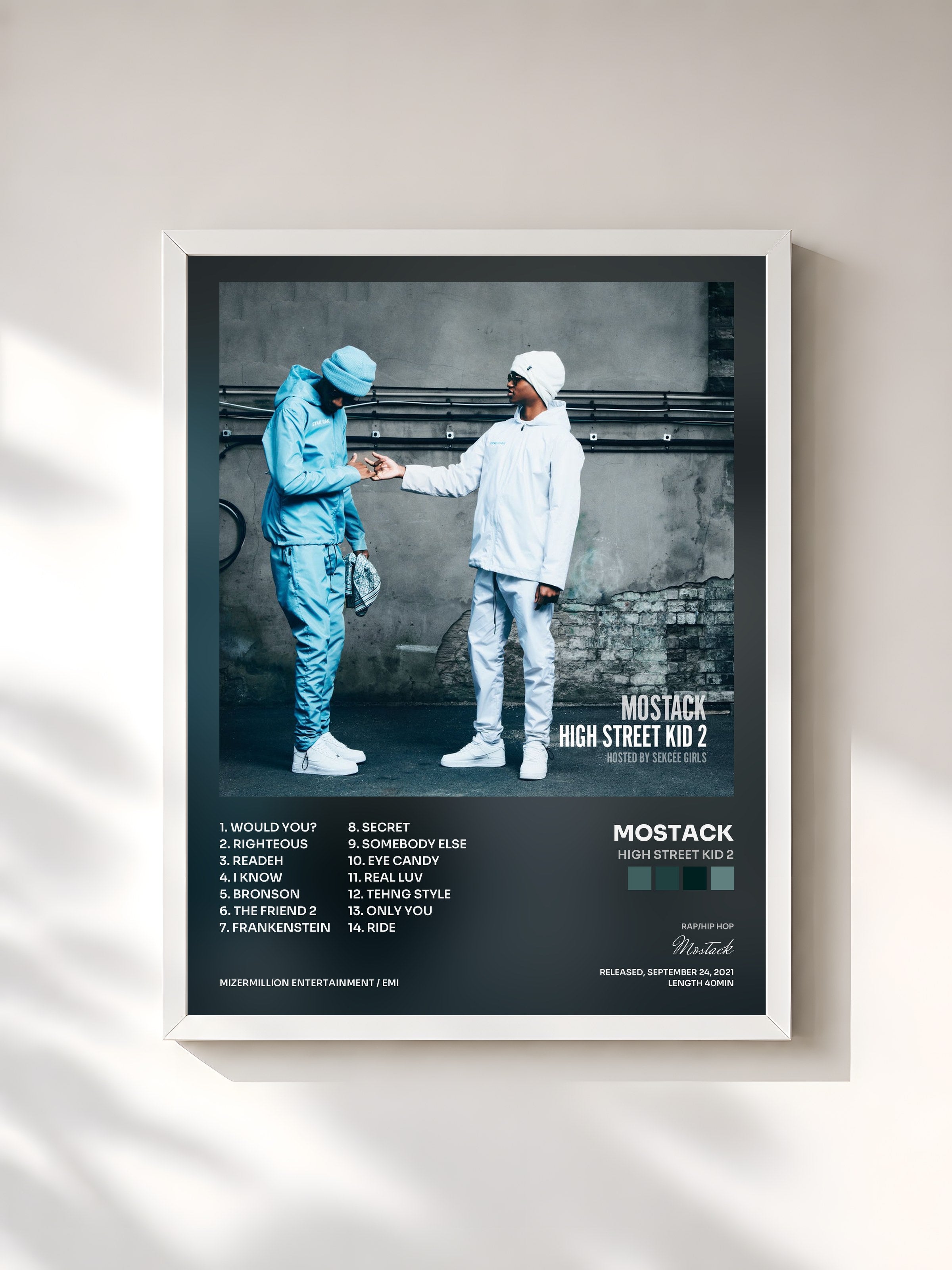 #blanc Tableau de l'album High Street Kid 2 de Mostack, cadre blanc, imprimé et encadré en France