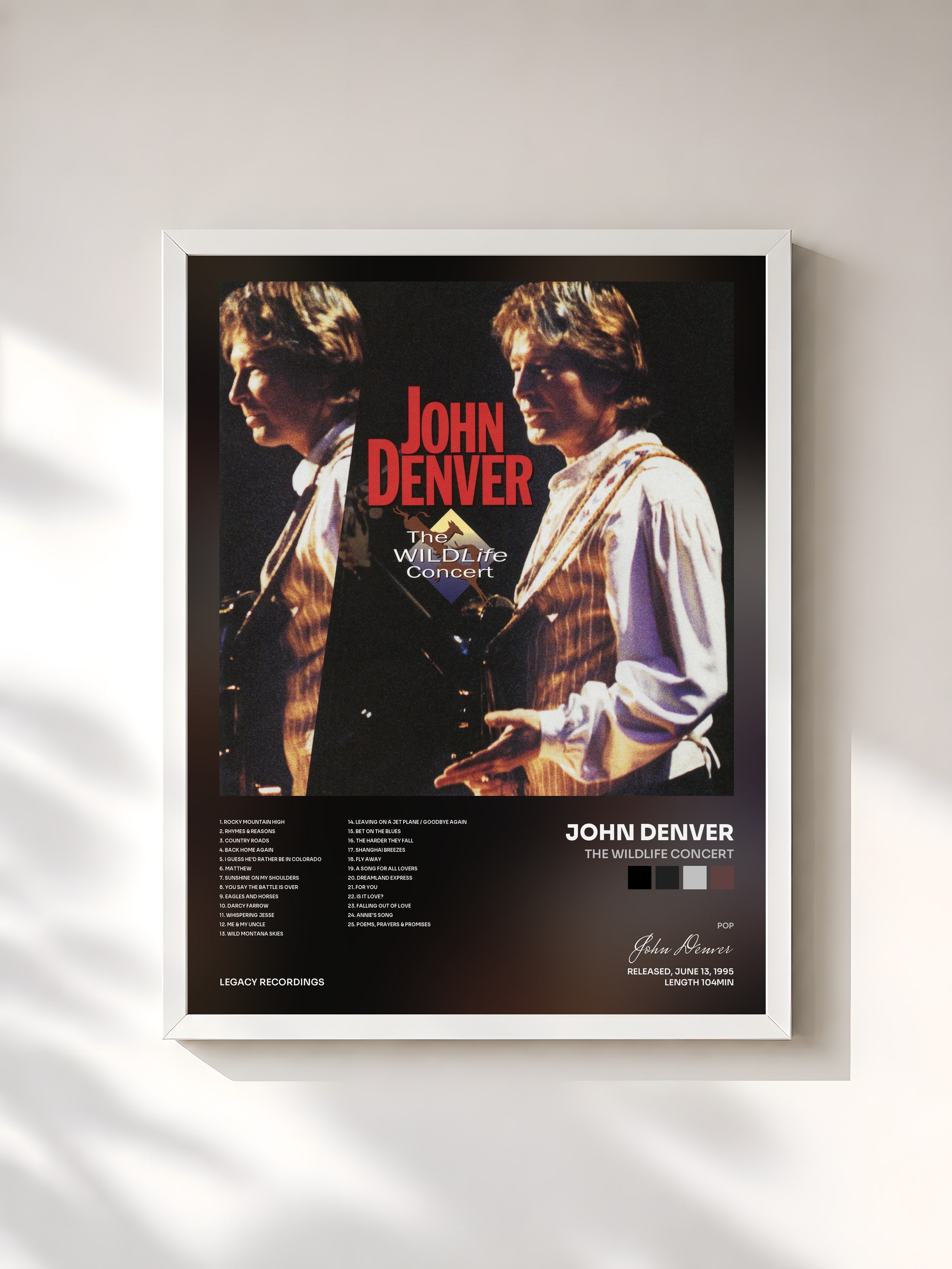 #blanc Tableau de l'album The Wildlife Concert de John Denver, cadre blanc, imprimé et encadré en France