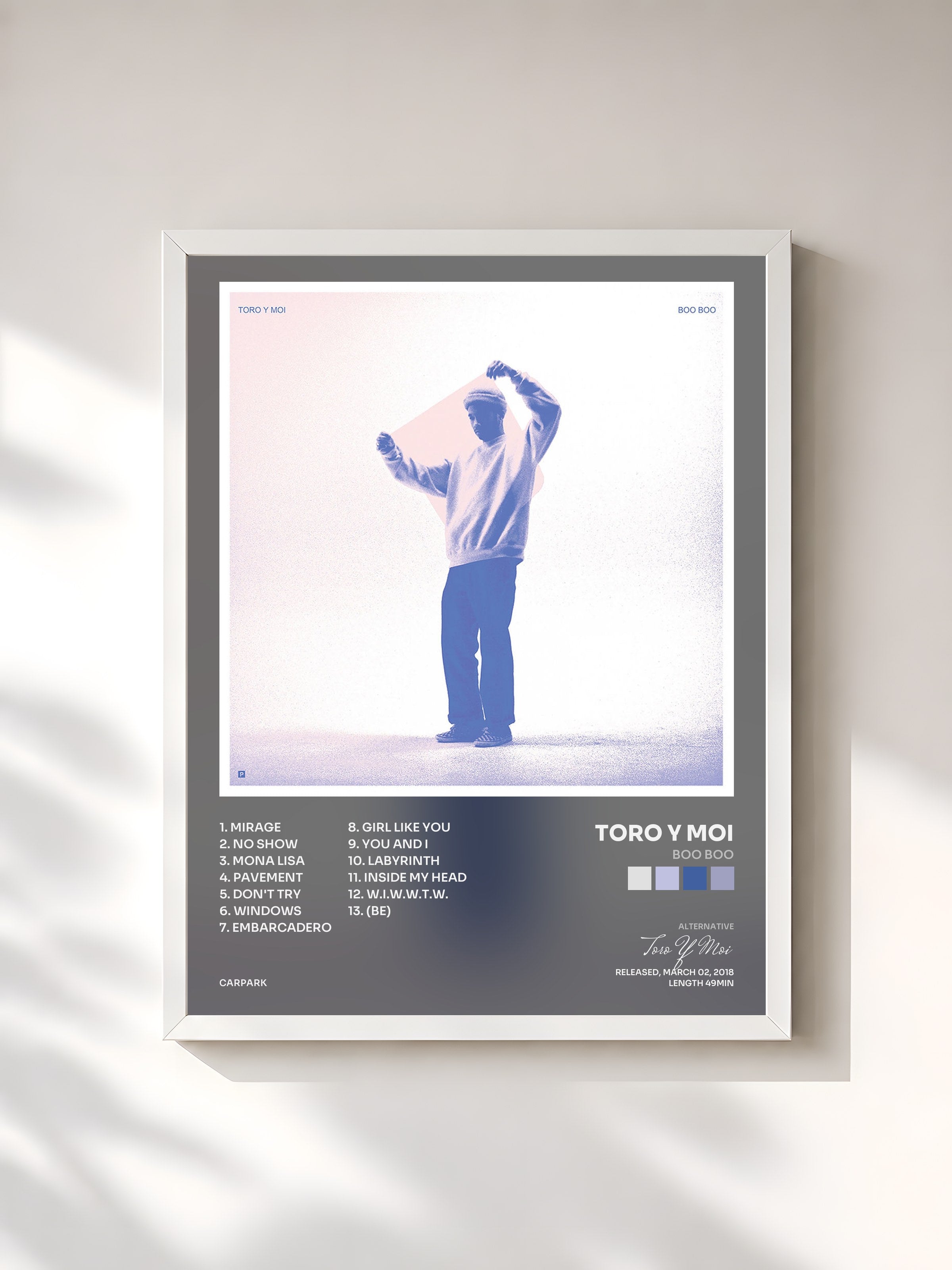 #blanc Tableau de l'album Boo Boo de Toro Y Moi, cadre blanc, imprimé et encadré en France