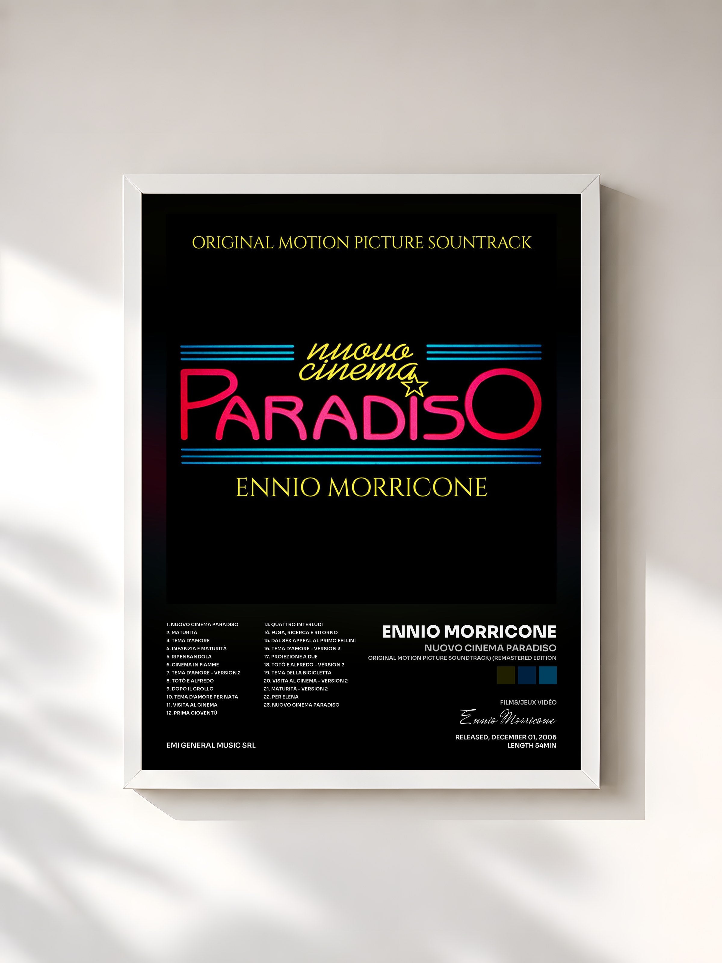 #blanc Tableau de l'album Nuovo Cinema Paradiso (Original Motion Picture Soundtrack) (Remastered Edition) de Ennio Morricone, cadre blanc, imprimé et encadré en France