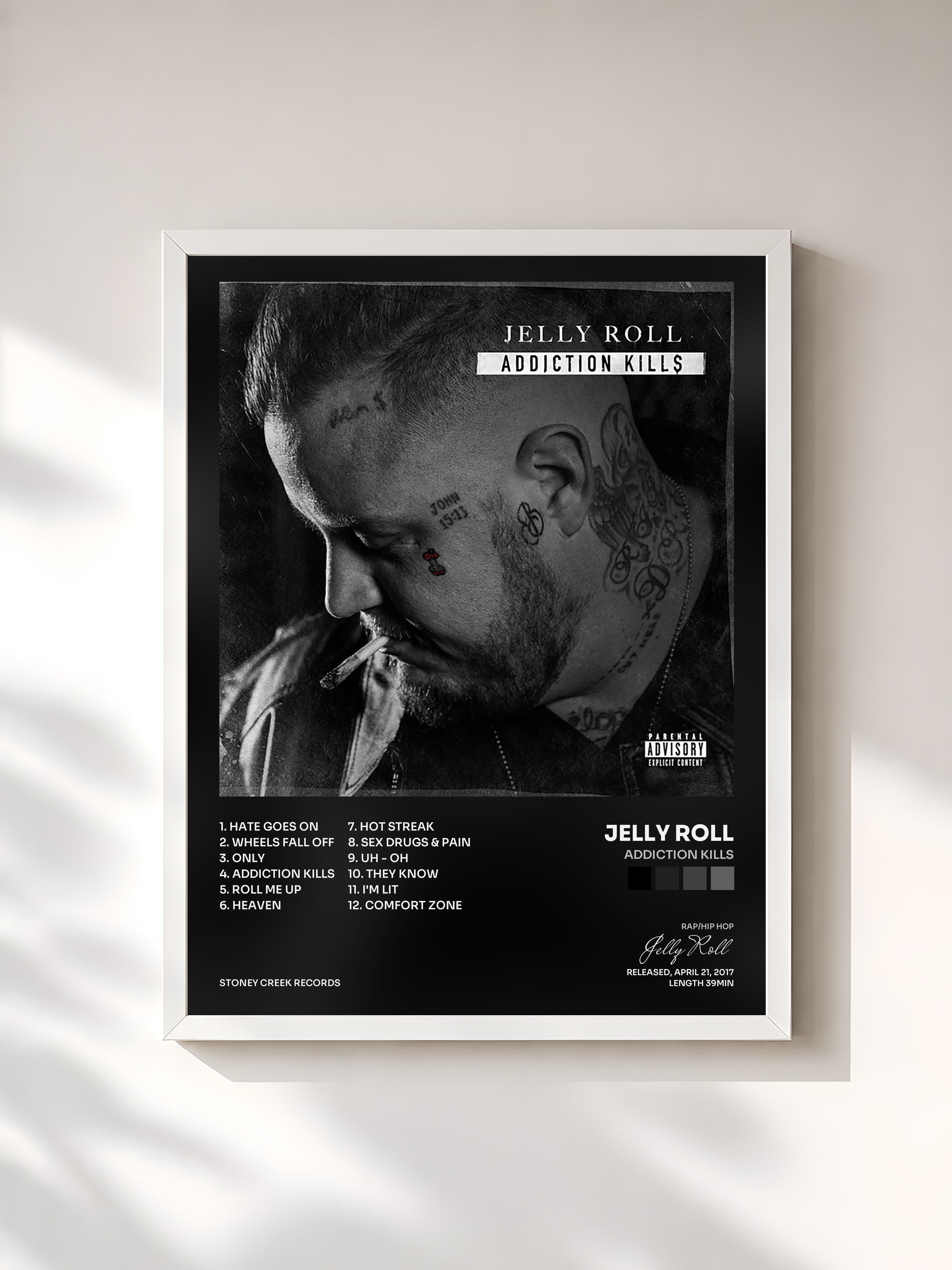 #blanc Tableau de l'album Addiction Kills de Jelly Roll, cadre blanc, imprimé et encadré en France
