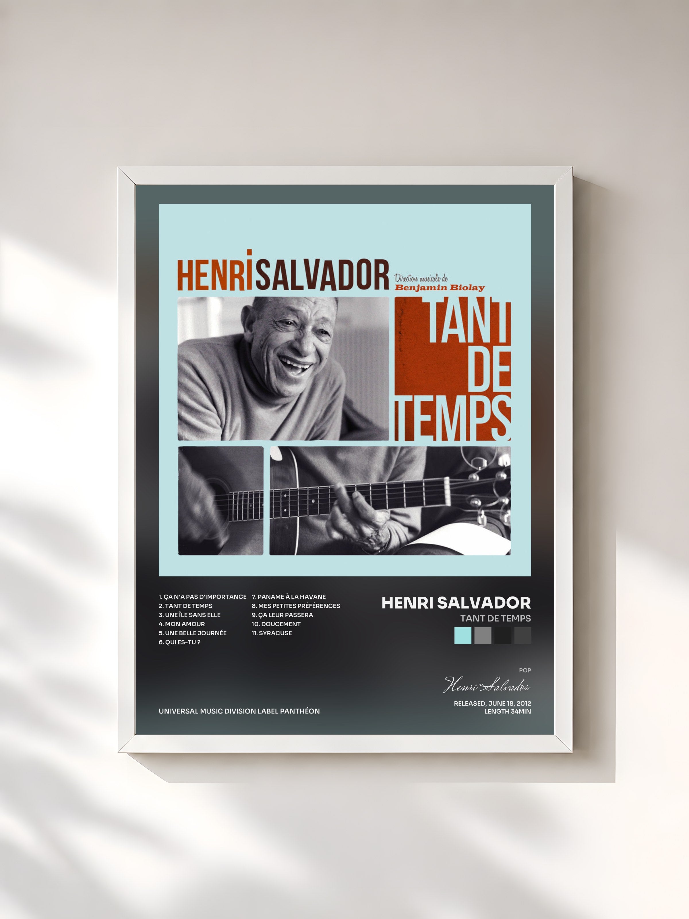 #blanc Tableau de l'album Tant De Temps de Henri Salvador, cadre blanc, imprimé et encadré en France