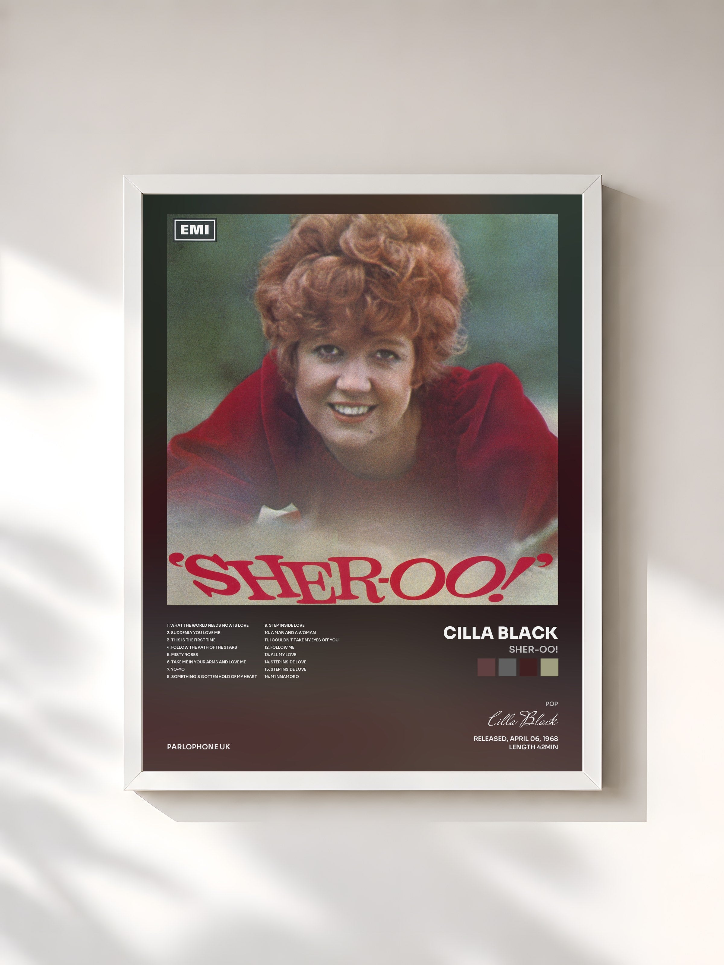 #blanc Tableau de l'album Sher-oo! de Cilla Black, cadre blanc, imprimé et encadré en France