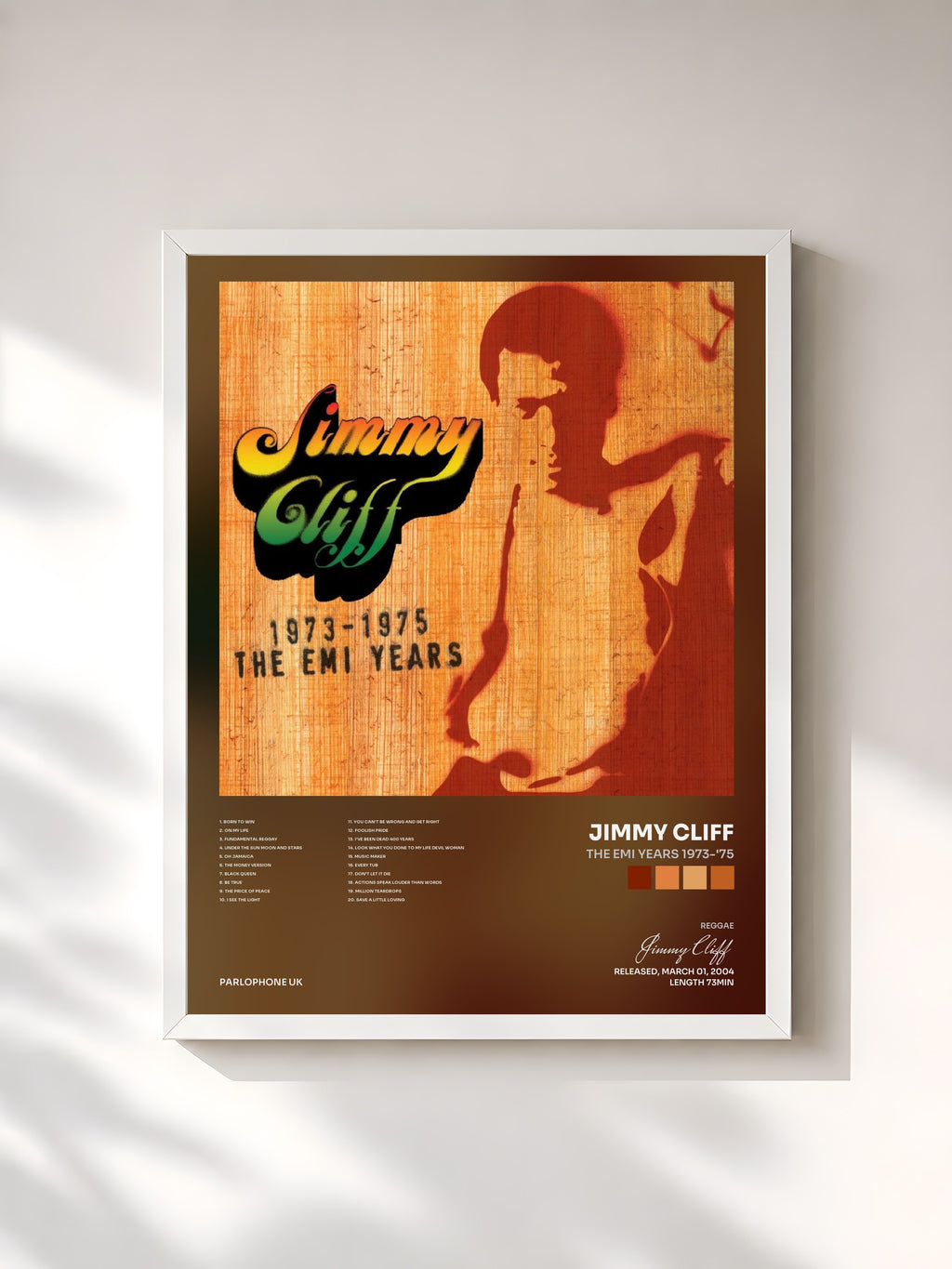 #blanc Tableau de l'album The EMI Years 1973-'75 de Jimmy Cliff, cadre blanc, imprimé et encadré en France