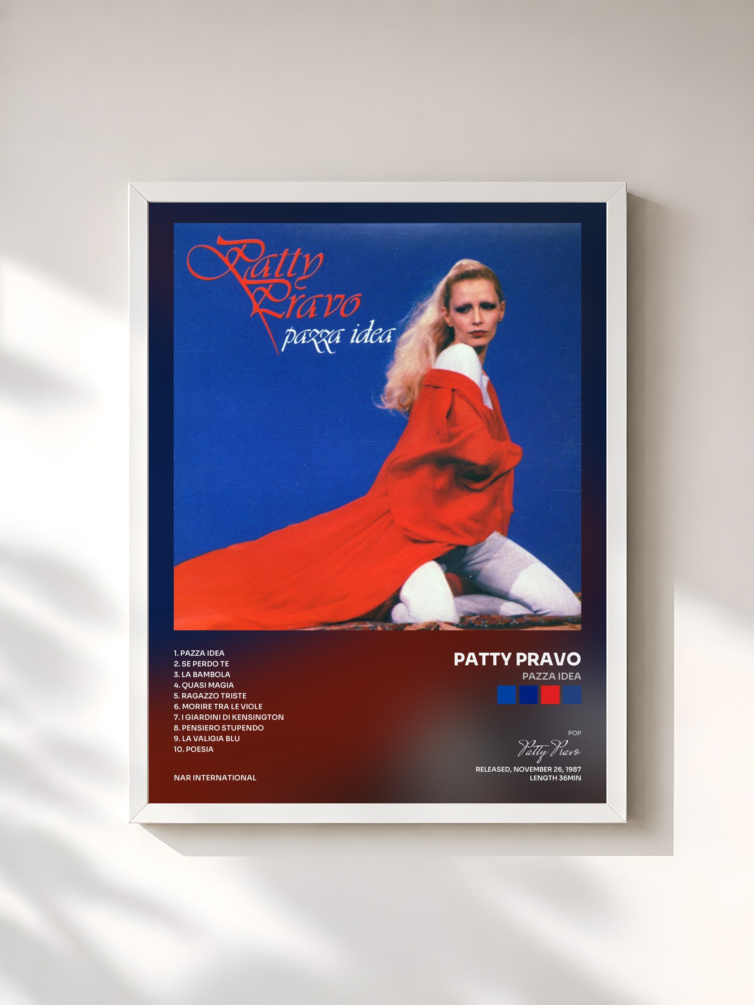 #blanc Tableau de l'album Pazza idea de Patty Pravo, cadre blanc, imprimé et encadré en France