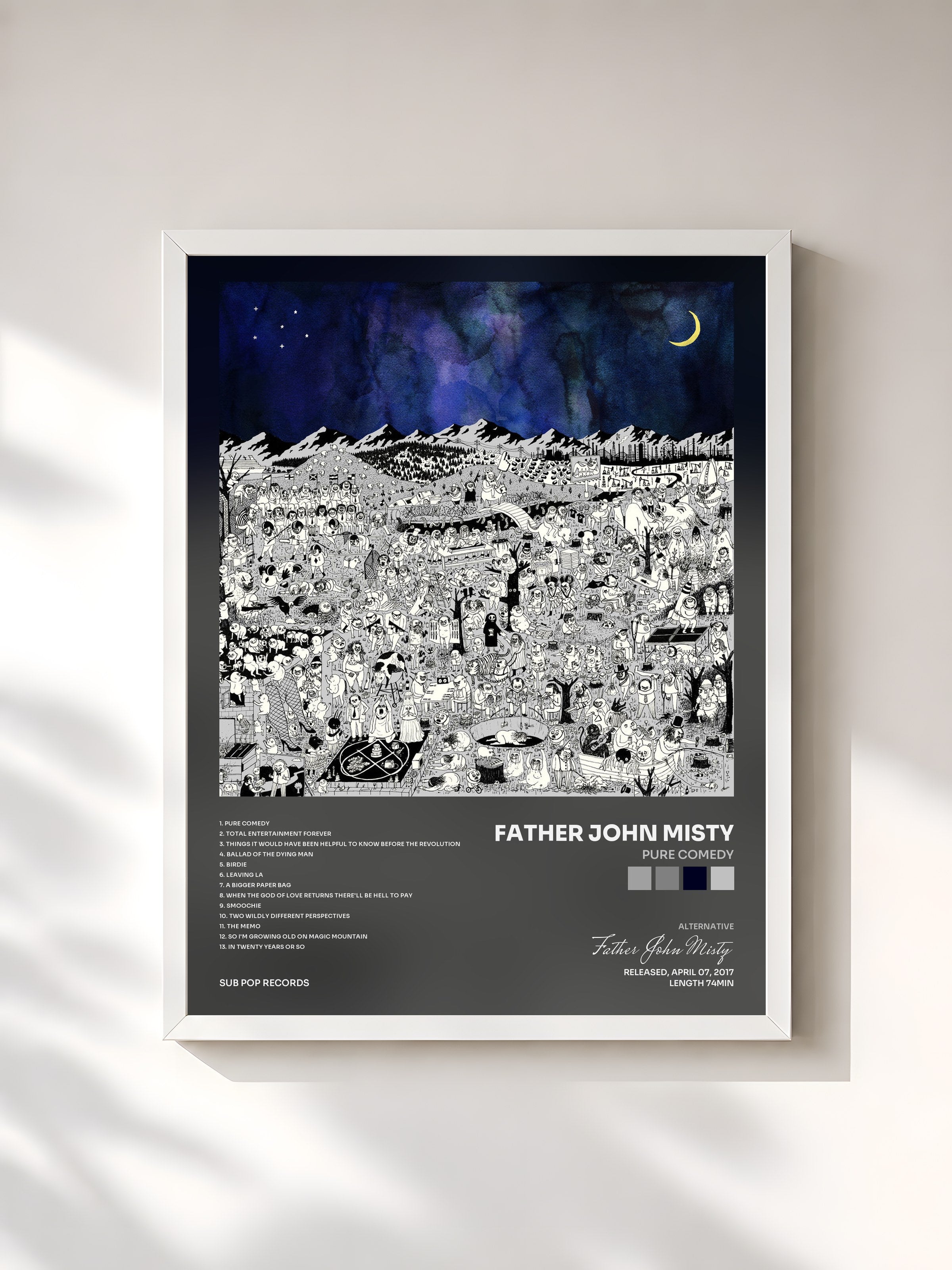 #blanc Tableau de l'album Pure Comedy de Father John Misty, cadre blanc, imprimé et encadré en France