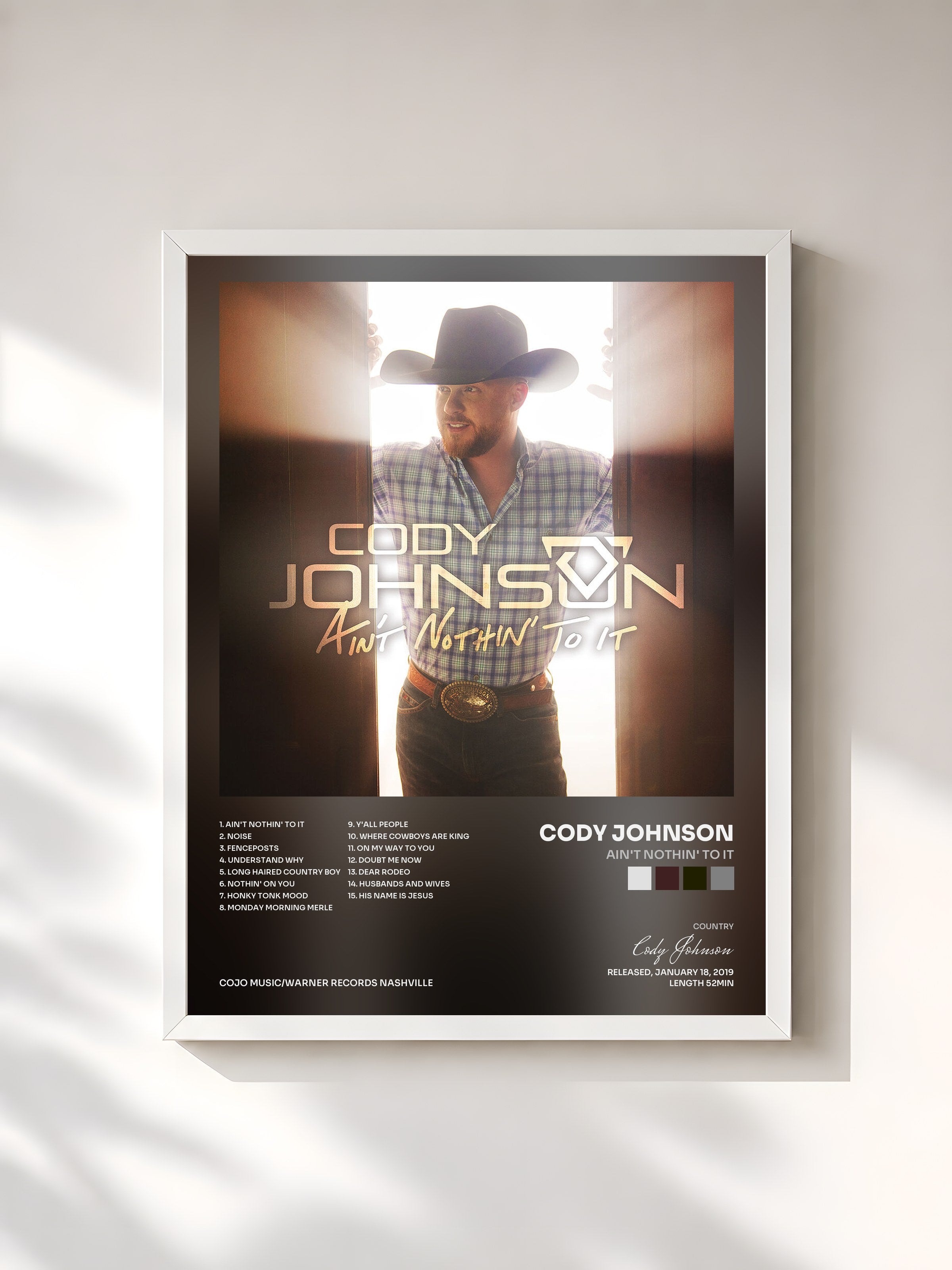 #blanc Tableau de l'album Ain't Nothin' to It de Cody Johnson, cadre blanc, imprimé et encadré en France
